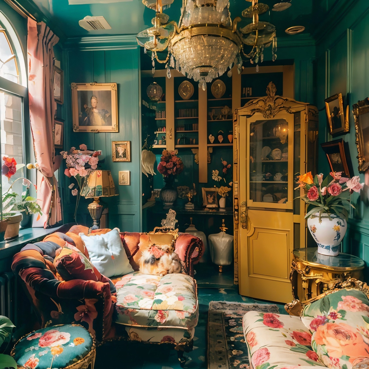 maximalism interior design ,ball,basket,bookshelf,bottle,cage,card,cat,flower,fruit,globe,hat,indoors,lantern,plant,pool,potted plant,red flower,red rose,rose