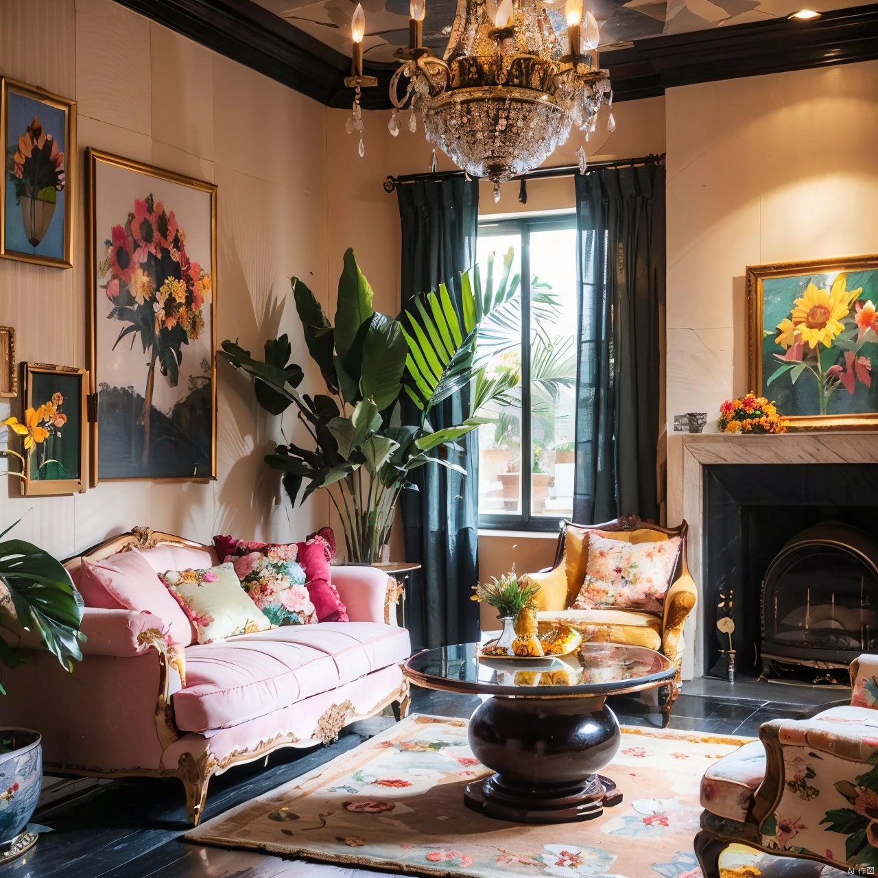 maximalism interior design ,flower,house,knife,leaf,no humans,palm tree,petals,plant,potted plant,rose,sunflower,traditional media,tree,water