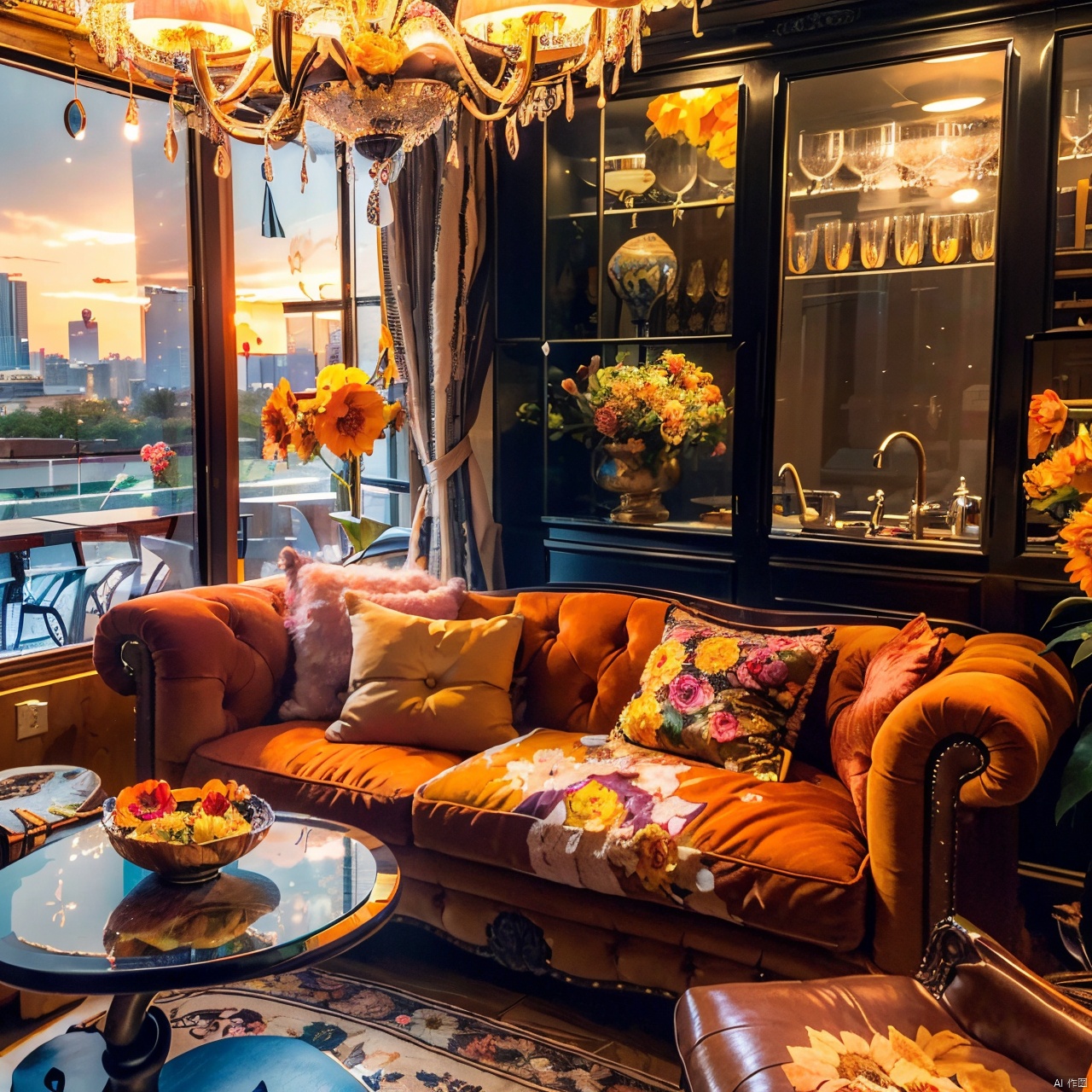 maximalism interior design ,apple,basket,bookshelf,broom,building,city,cityscape,flower,food,fruit,lantern,orange \(fruit\),orange flower,plate,rose,scenery,sunflower,table,yellow flower