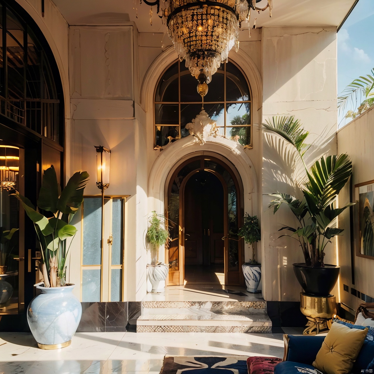 maximalism interior design ,album cover,architecture,bridge,building,city,lantern,no humans,palm tree,plant,potted plant,scenery,stairs,tree