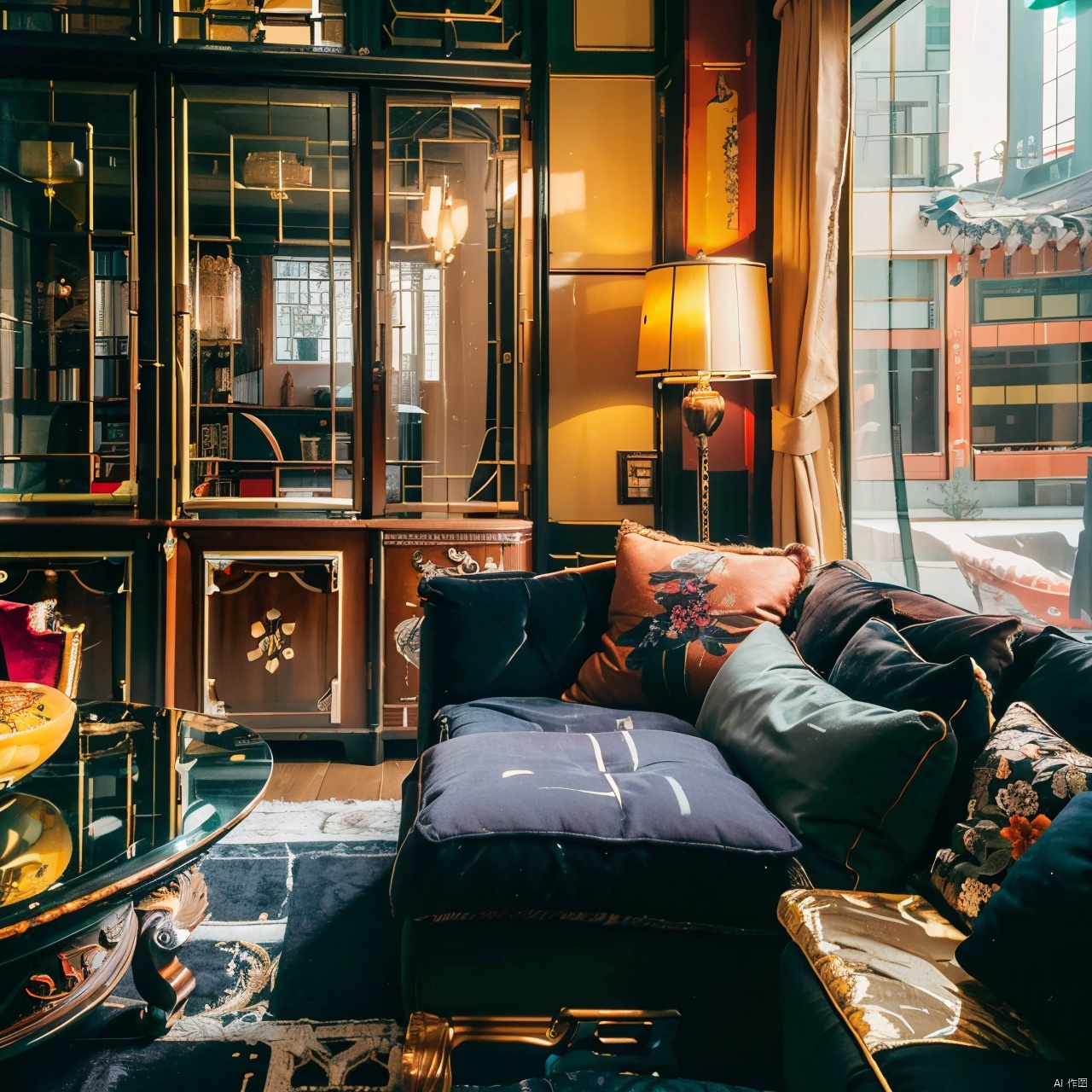 maximalism interior design ,architecture,bookshelf,building,city,cityscape,east asian architecture,no humans,scenery,window