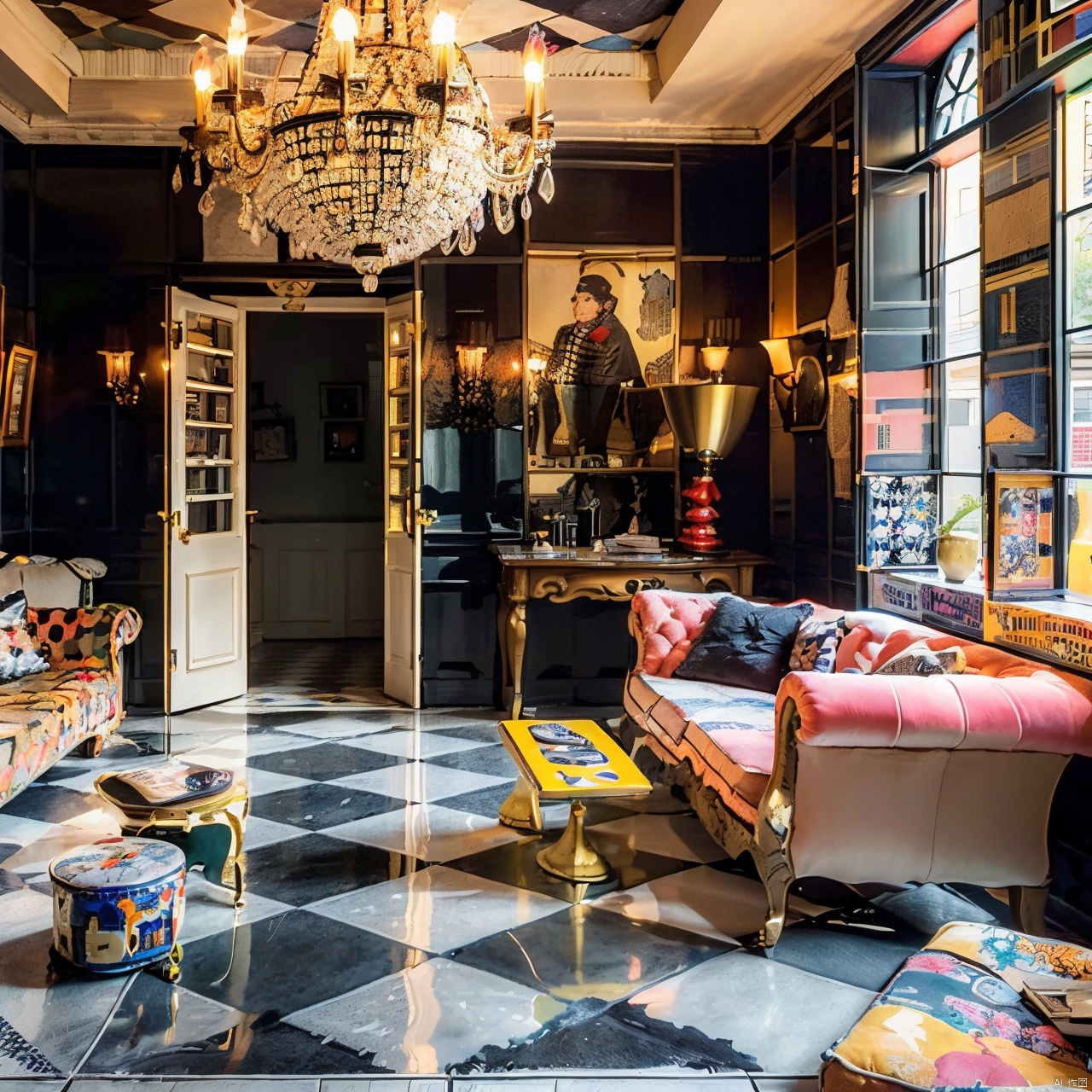 maximalism interior design ,album cover,argyle,argyle background,bookshelf,checkered,checkered background,checkered flag,checkered floor,chess piece,city,colorful,couch,fantasy,flag,no humans,perspective,plate,scenery,tile floor,tile wall,tiles,traditional media,tree,vanishing point,window