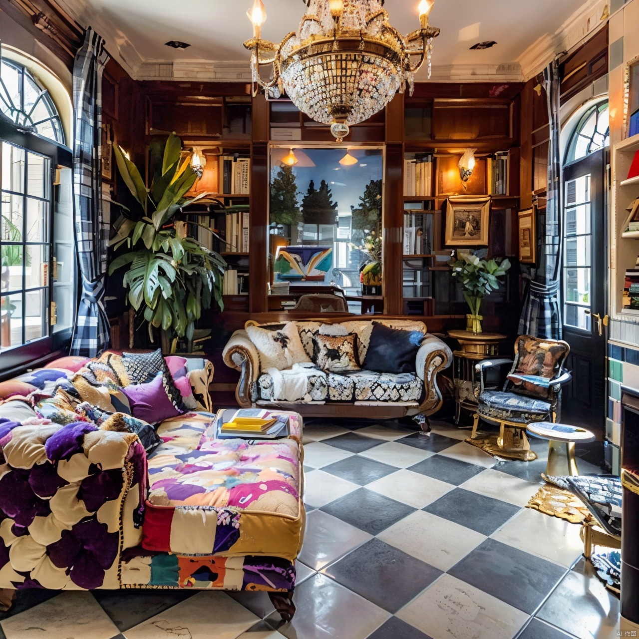 maximalism interior design ,album cover,argyle,argyle background,bookshelf,checkered,checkered background,checkered flag,checkered floor,chess piece,city,colorful,couch,fantasy,flag,no humans,perspective,plate,scenery,tile floor,tile wall,tiles,traditional media,tree,vanishing point,window
