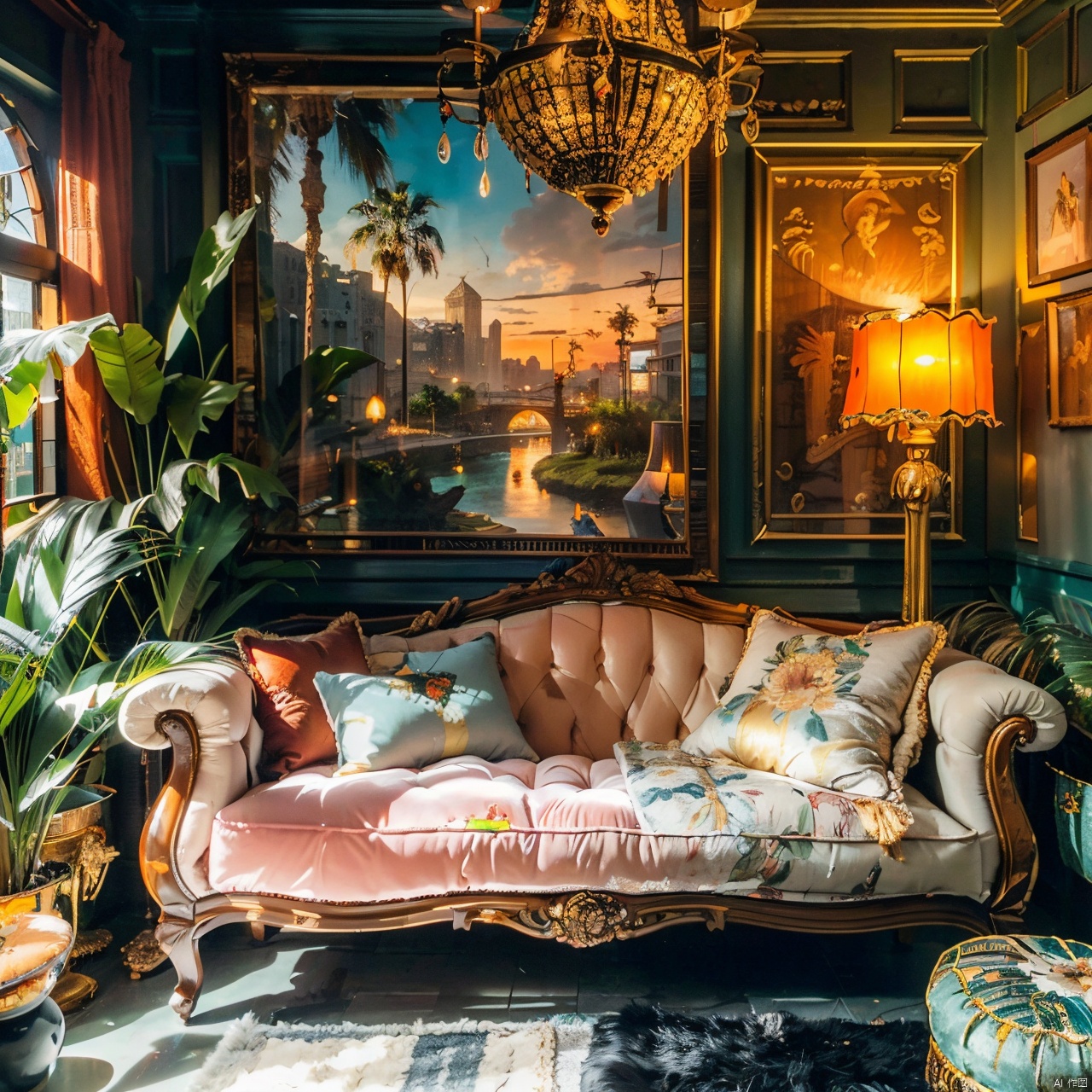 maximalism interior design ,album cover,architecture,bookshelf,bridge,city,cityscape,clock,couch,fantasy,globe,lantern,palm tree,potted plant,railing,scenery,tree