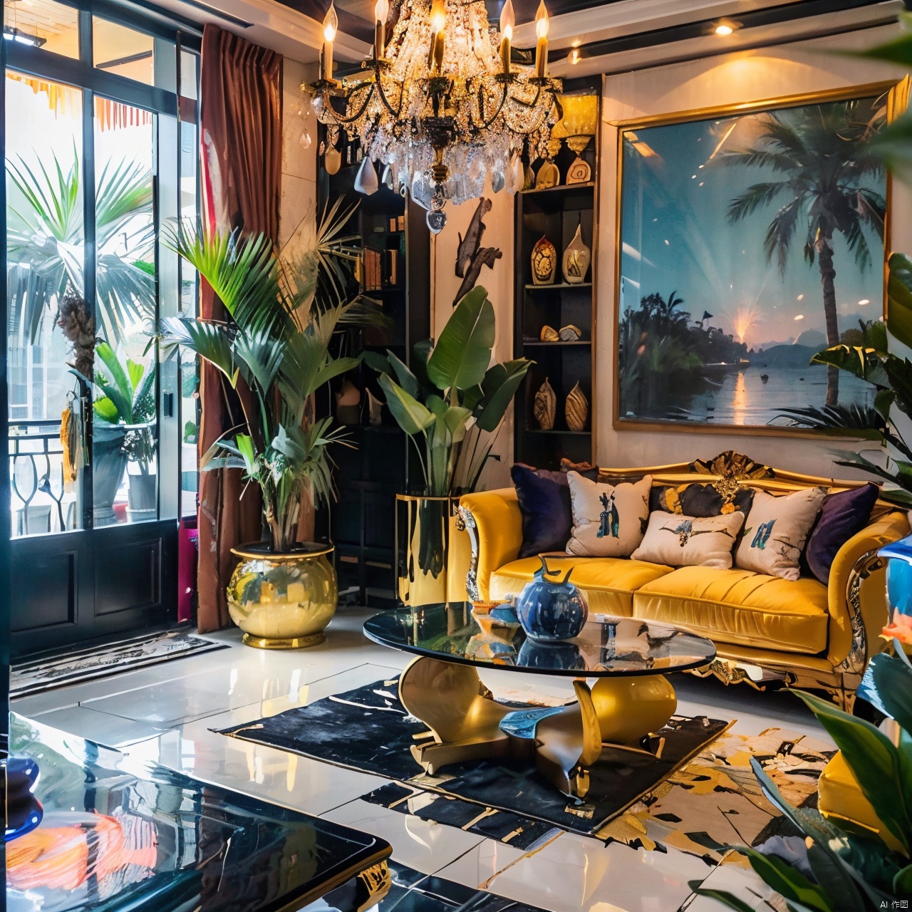 maximalism interior design ,fireworks,fish,leaf,palm tree,plant,potted plant,scenery,traditional media,tree,water