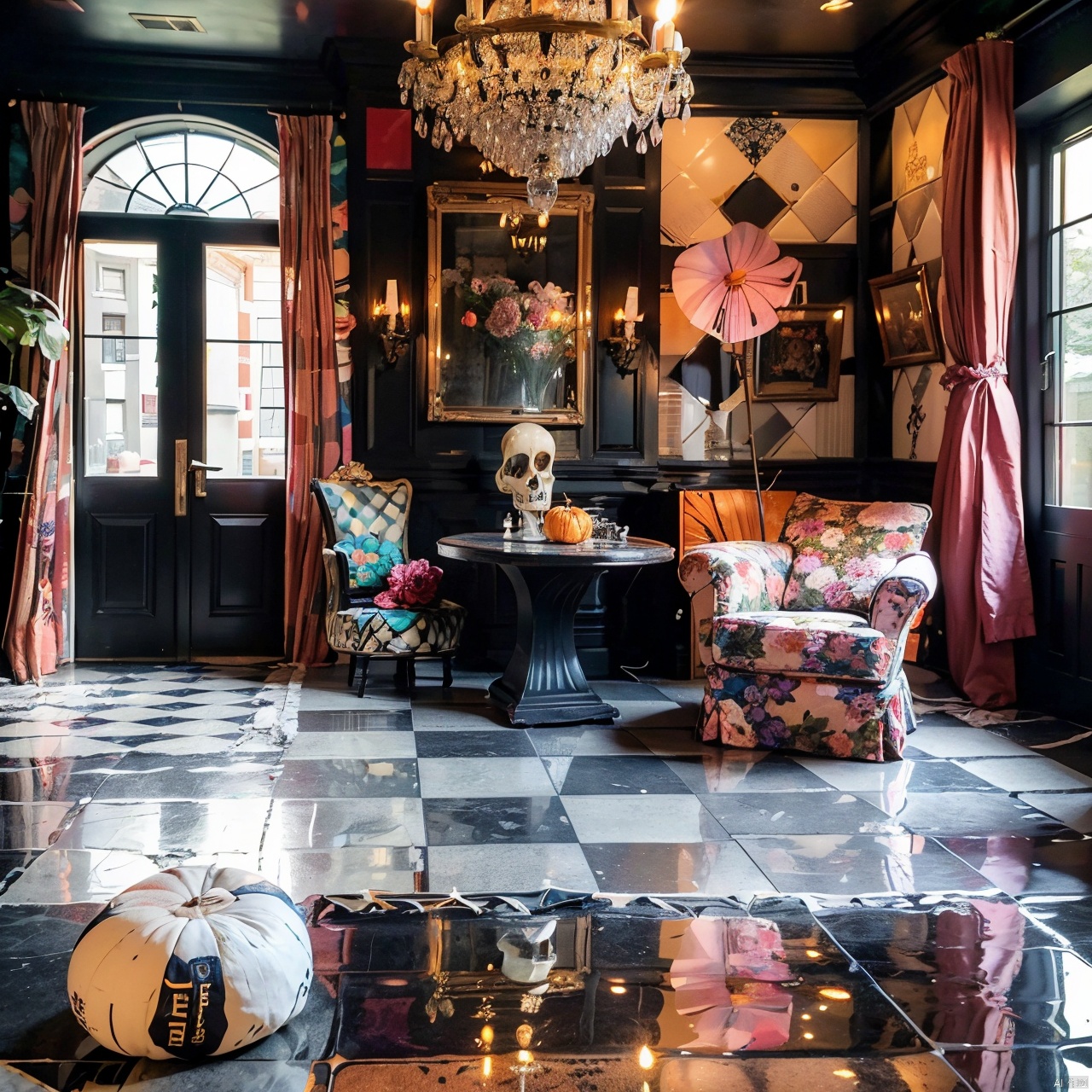 maximalism interior design ,argyle,argyle background,argyle legwear,ball,board game,book,checkerboard cookie,checkered,checkered background,checkered flag,checkered floor,checkered kimono,checkered legwear,checkered skirt,chess piece,cookie,fire,flag,floor,flower,himekaidou hatate,perspective,pumpkin,rook \(chess\),rose,skull,soccer ball,telstar,tiger,tile floor,tile wall,tiles,tree,vanishing point,window