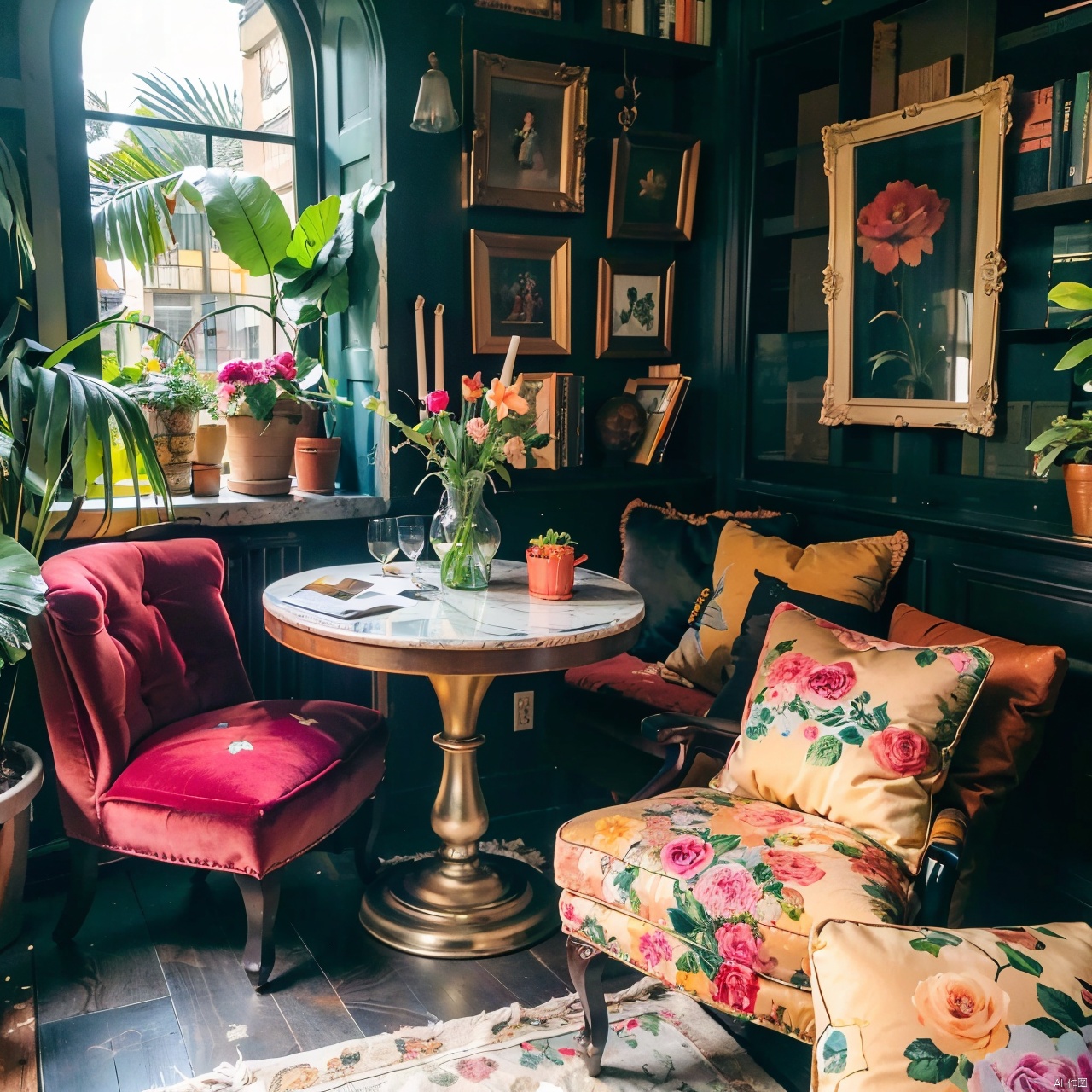 maximalism interior design ,album cover,basket,book,bookshelf,flower,food,fruit,leaf,no humans,plant,potted plant,pumpkin,rose,scenery,table