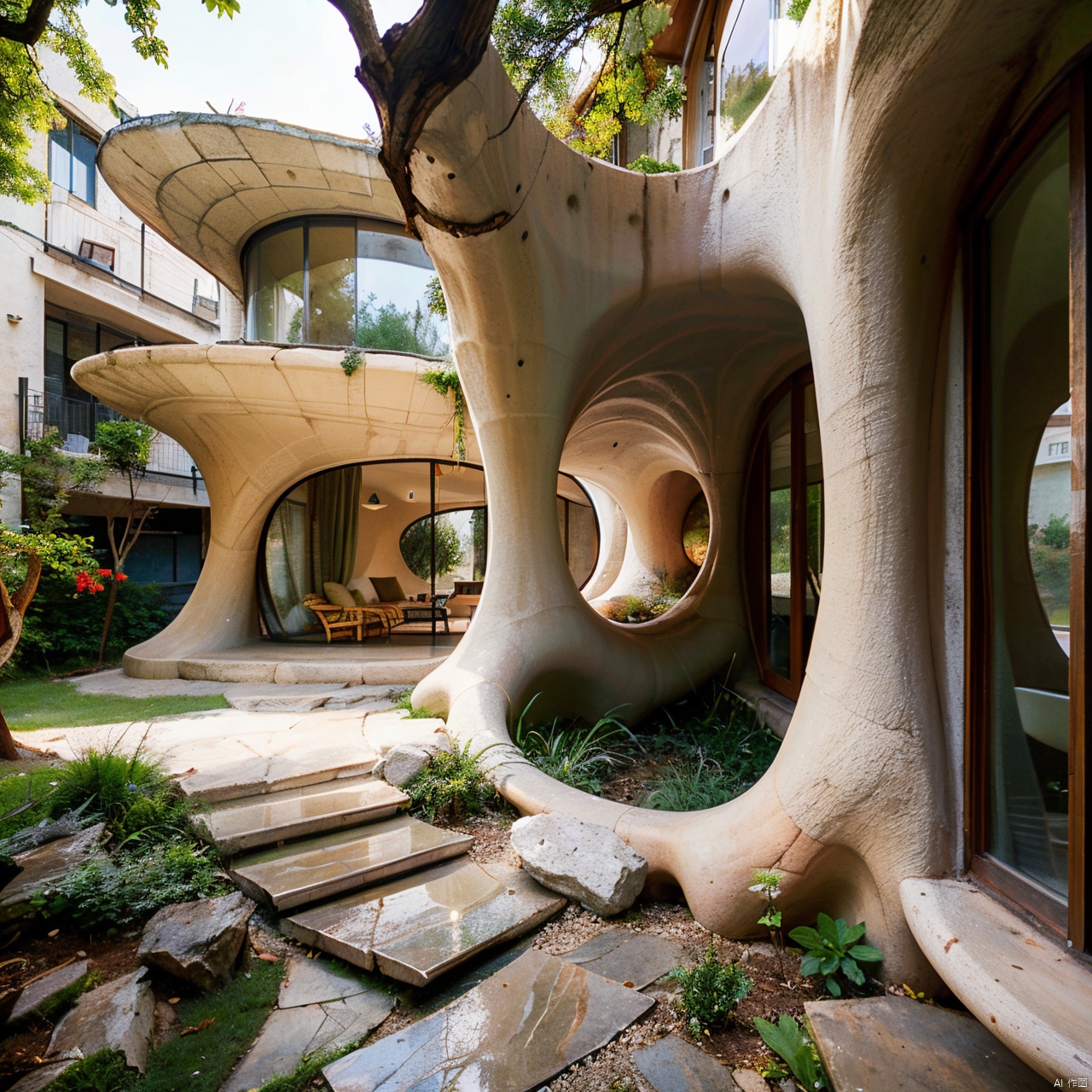 Organic architecture,basket,bush,day,forest,grass,house,nature,no humans,outdoors,plant,rock,scenery,traditional media,tree