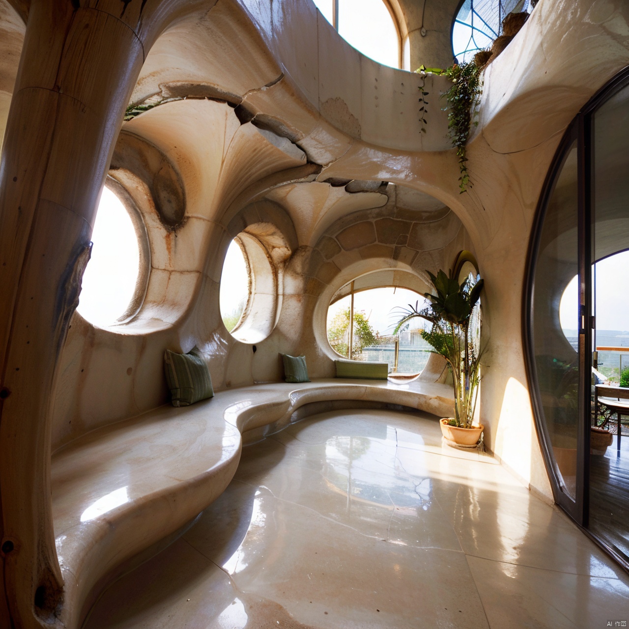 Organic architecture,day,no humans,palm tree,plant,potted plant,scenery,traditional media,tree,vines,window