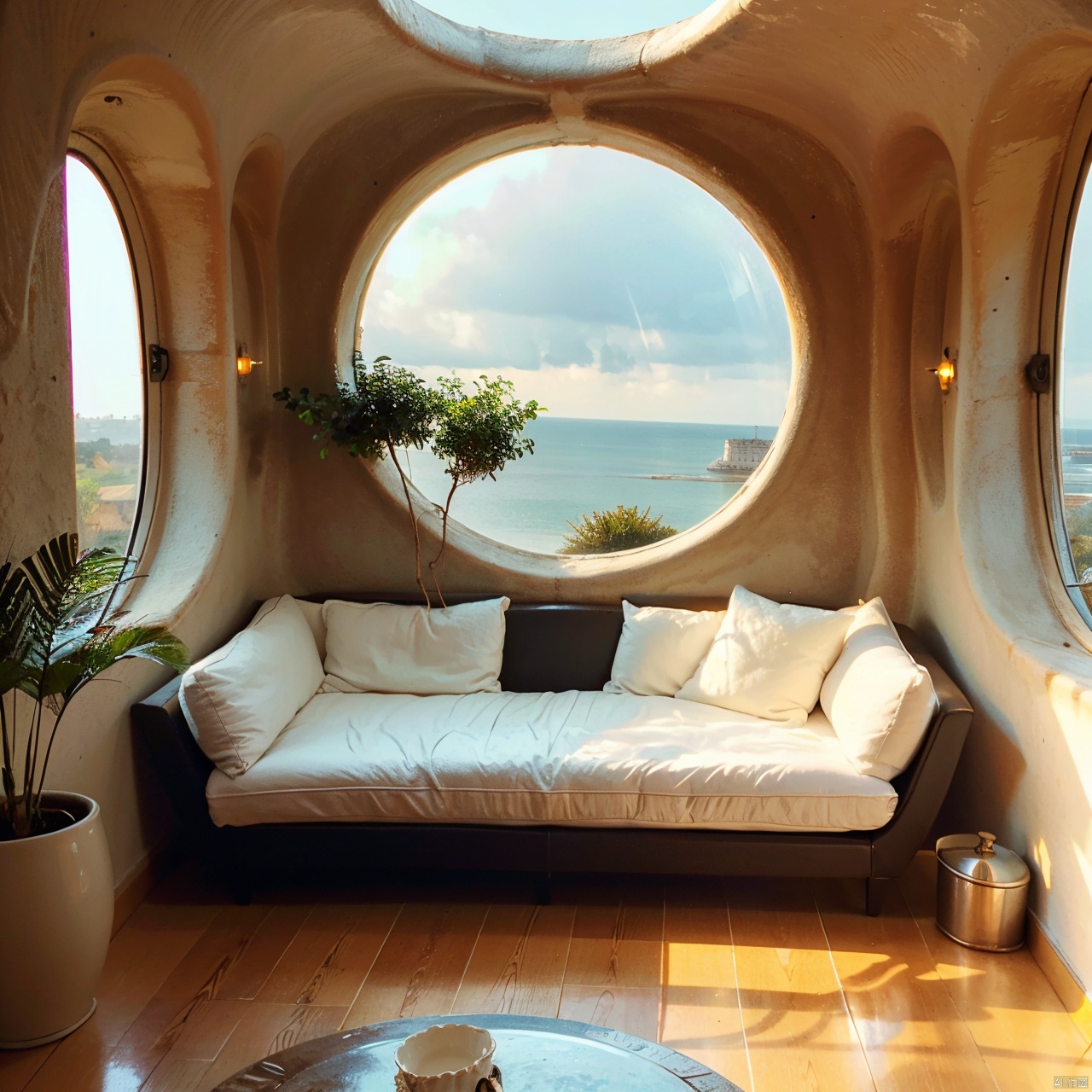 Organic architecture,cloud,couch,cup,full moon,indoors,lens flare,no humans,plant,plate,scenery,sky,sun,sunlight,table,teacup,tree,water,window