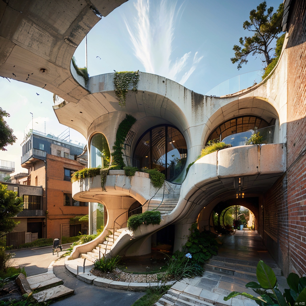 Organic architecture,arch,architecture,brick wall,bridge,building,bush,city,day,door,fountain,gears,grass,no humans,outdoors,overgrown,plant,scenery,stairs,tower,tree,vines
