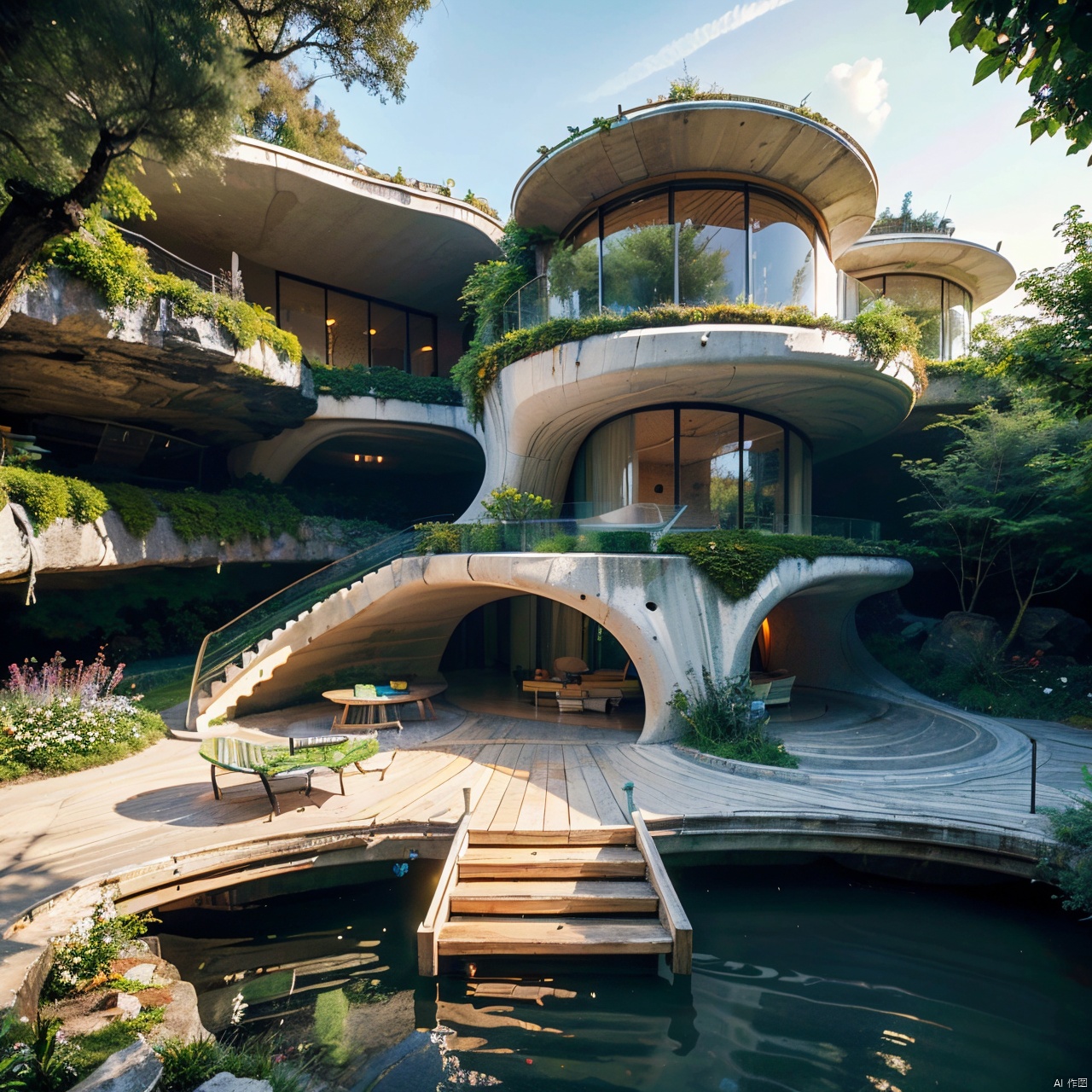 Organic architecture,architecture,bird,bridge,building,bush,city,day,fantasy,forest,grass,house,nature,no humans,outdoors,overgrown,scenery,sky,tower,tree,water,waterfall