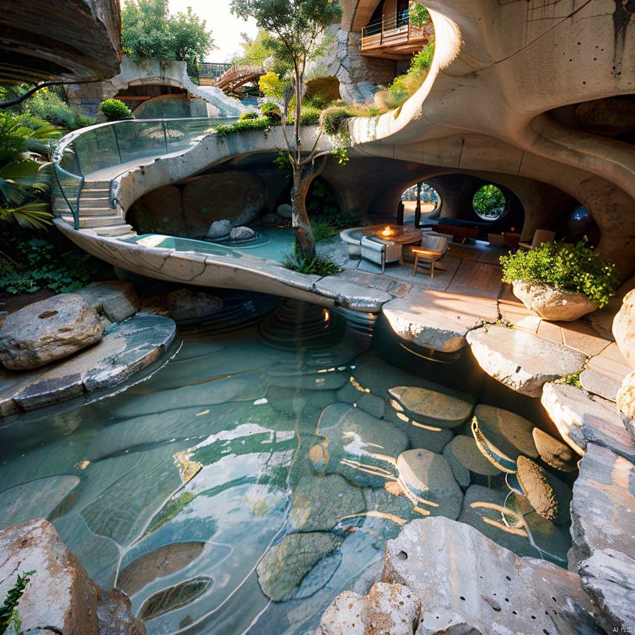 Organic architecture,no humans,plant,realistic,rock,scenery,tree,water,waterfall