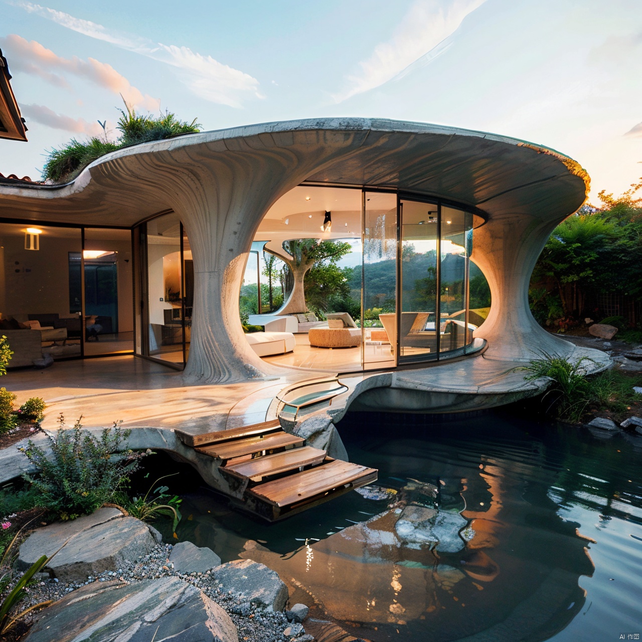 Organic architecture,building,bush,forest,grass,house,nature,no humans,outdoors,palm tree,plant,reflection,scenery,sky,star \(sky\),tree,water,waterfall