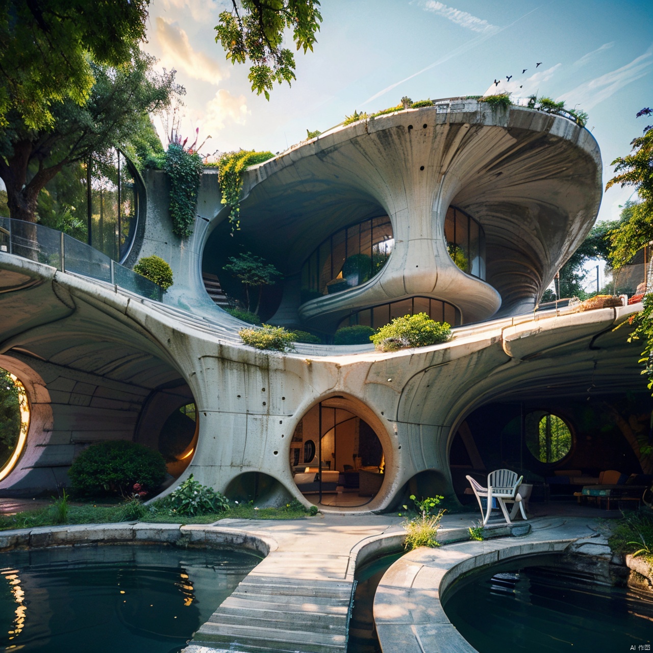 Organic architecture,architecture,bird,bridge,building,bush,city,day,fantasy,forest,grass,house,nature,no humans,outdoors,overgrown,scenery,sky,tower,tree,water,waterfall