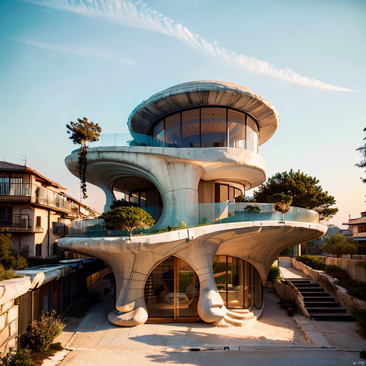 Organic architecture,building,city,cloud,day,fantasy,house,mountain,no humans,outdoors,scenery,sky,tower,tree