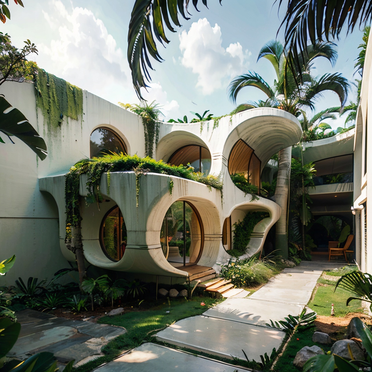 Organic architecture,bamboo,branch,coconut,grass,jungle,leaf,nature,no humans,outdoors,overgrown,palm leaf,palm tree,plant,potted plant,scenery,sky,tree,vines,water