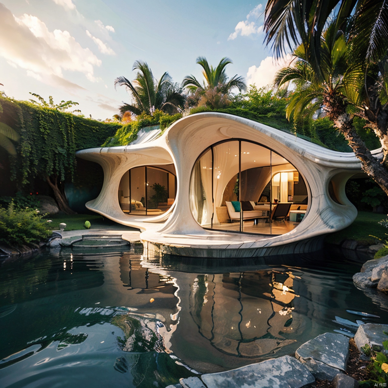 Organic architecture,building,bush,forest,grass,house,nature,no humans,outdoors,palm tree,plant,reflection,scenery,sky,star \(sky\),tree,water,waterfall