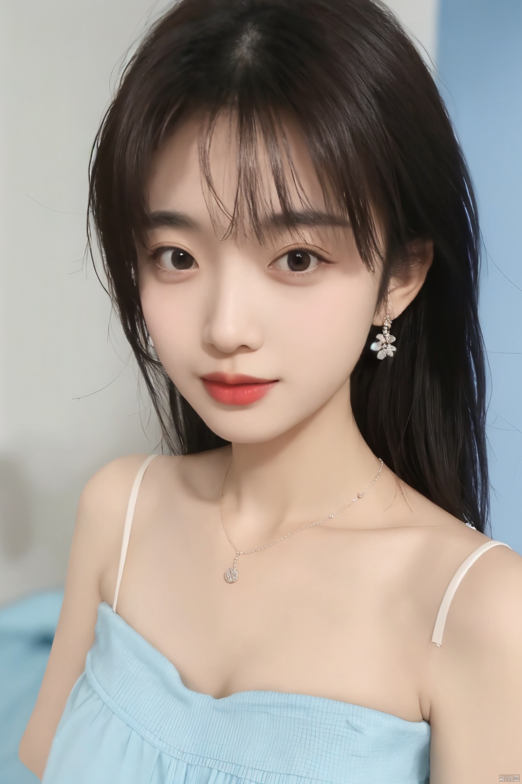 1girl, happy , 1080P, portrait , Bandeau dress , flat chest,cleavage, lips, messy hair, (blurry background:1.5),necklace,earrings