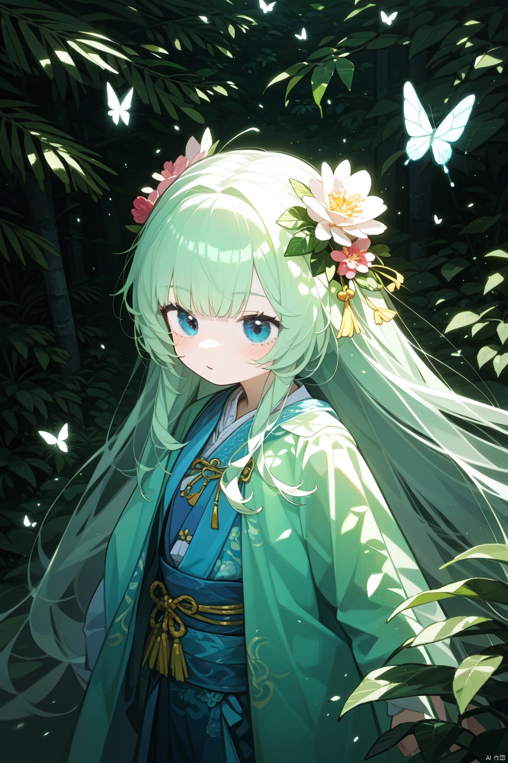 1 girl,  surrounded by big leaf plants,  wearing flower accessories on Tensor.Art