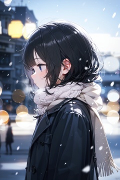 1girl, black_coat, black_hair, blurry, blurry_background, blurry_foreground, bokeh, city_lights, coat, depth_of_field, from_side, jacket, lens_flare, long_hair, long_sleeves, looking_away, motion_blur, outdoors, scarf, snow, snowing, solo, upper_body