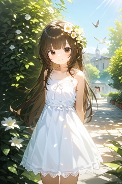 best quality, amazing quality, very aesthetic,1girl, dress, long hair, bird, white dress, brown hair, solo, outdoors, brown eyes, sleeveless, looking at viewer, arms behind back, sleeveless dress, bangs, standing, plant, sundress, smile, flower, closed mouth, sunlight, bare shoulders