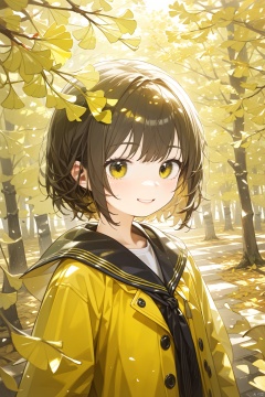 bpstyle,1girl,solo,outdoor,autumn leaves,forest,(ginkgo leaf), shot hair,smile,yellow clothes, bpstyle,tuyagirl