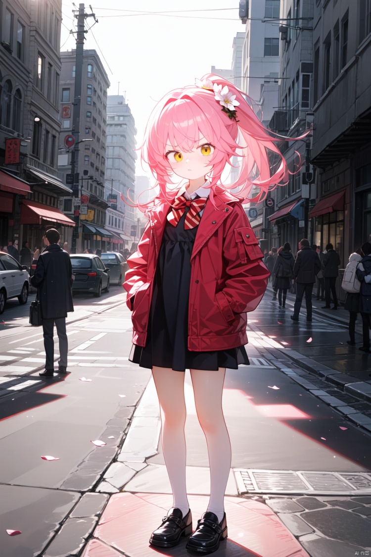 (best quality), ((masterpiece)), (highres),standing,original, extremely detailed wallpaper, (an extremely delicate and beautiful),(loli),(petite),Pink hair,Yellow eyes, (red Jacket),high ponytail,white collared shirt,hair flower,fipped hair,floating hair,Frown,hands in pockets,black dress,red bowtie,(solo),full body,standing,street,city,focused,solo,backlight