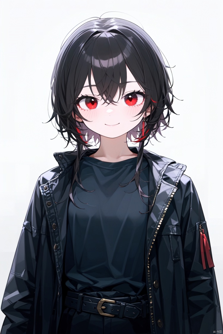 solo, red_eyes, black_hair, smile, looking_at_viewer, shirt, jacket, belt, black_shirt, hair_between_eyes, closed_mouth, open_clothes, upper_body