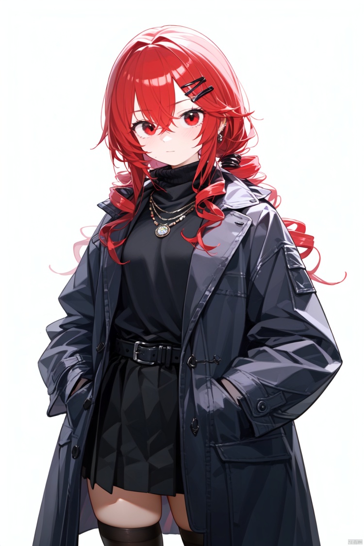1girl, solo, looking at viewer, long hair, drill hair, red eyes, skirt, simple background, shirt, hair ornament, thighhighs, long sleeves, white background, hair between eyes, jewelry, closed mouth, red hair, cowboy shot, open clothes, alternate costume, hairclip, belt, black thighhighs, virtual youtuber, black skirt, necklace, zettai ryouiki, coat, black shirt, turtleneck, hair intakes, open coat, black coat, hands in pockets, ange katrina