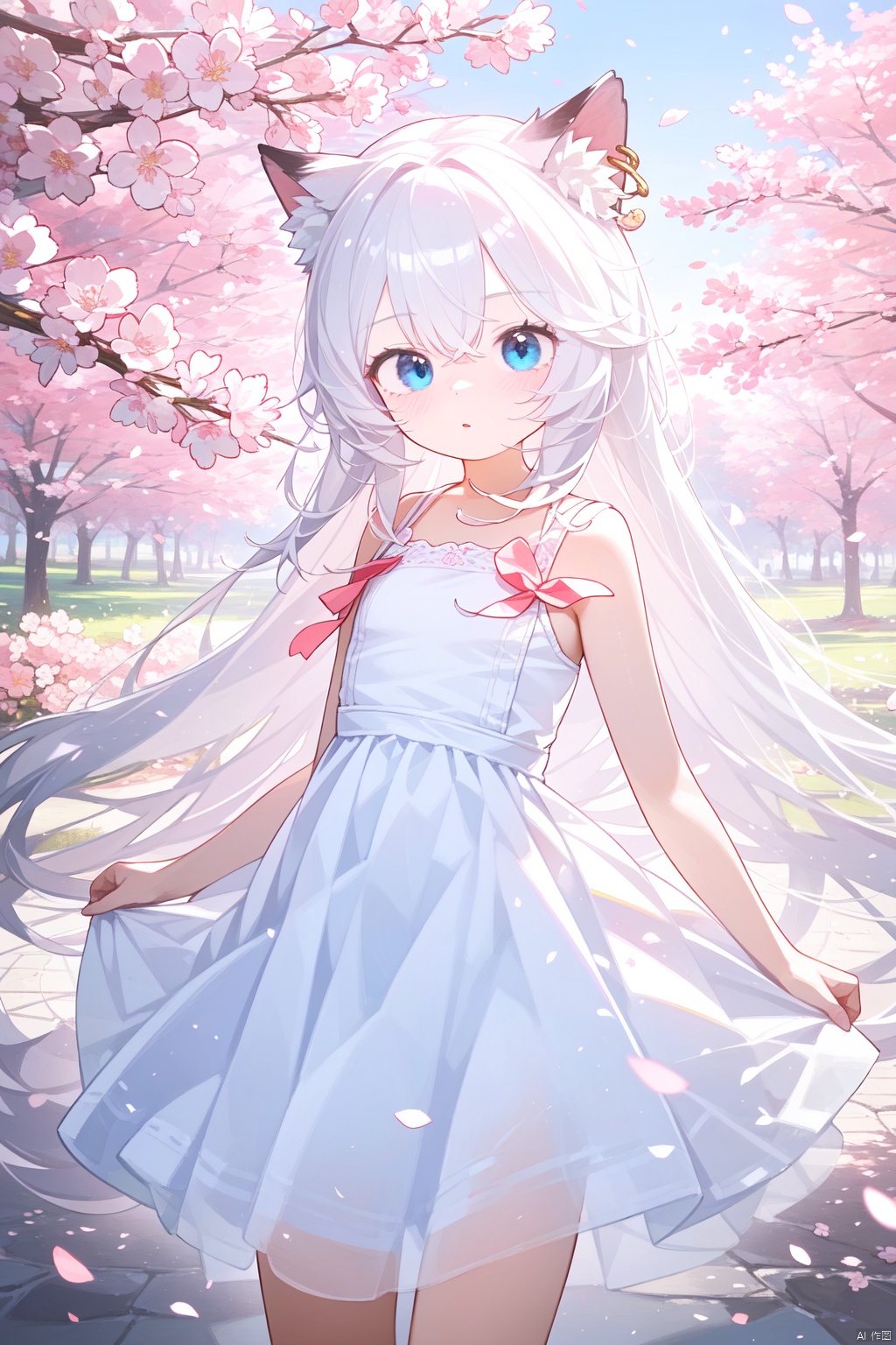 The image features a beautiful anime girl dressed in a flowing white and red dress,  standing amidst a flurry of red cherr...