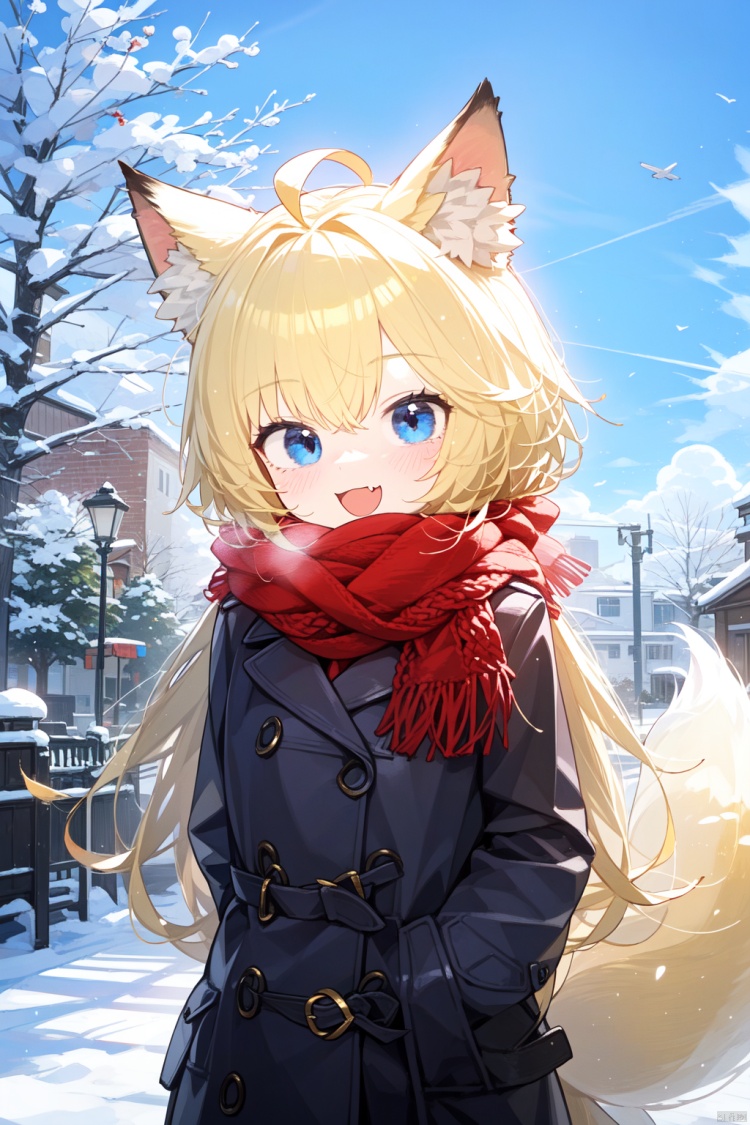1girl, fox_tail, tail, animal_ears, fox_ears, fox_girl, long_hair, solo, blonde_hair, scarf, fang, open_mouth, animal_ear_fluff, looking_at_viewer, arms_behind_back, ahoge, :3, outdoors, smile, blush, red_scarf, tree, :d, day, coat