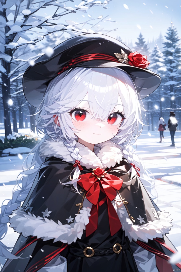 1girl,white hair,red eyes,,flower, long_hair, black_gloves, red_flower, fur_trim, gloves, hair_between_eyes, rose, hat, bangs, braid, outdoors, blue_headwear, tree, twin_braids, red_rose, blush, looking_at_viewer, long_sleeves, very_long_hair, white_hair, blurry, depth_of_field, cape, snow, night, smile, upper_body, fur-trimmed_capelet, closed_mouth, capelet, fur-trimmed_cloak, snowing, hand_up, blurry_background,cowboy_shot ,best quality, amazing quality, very aesthetic, absurdres