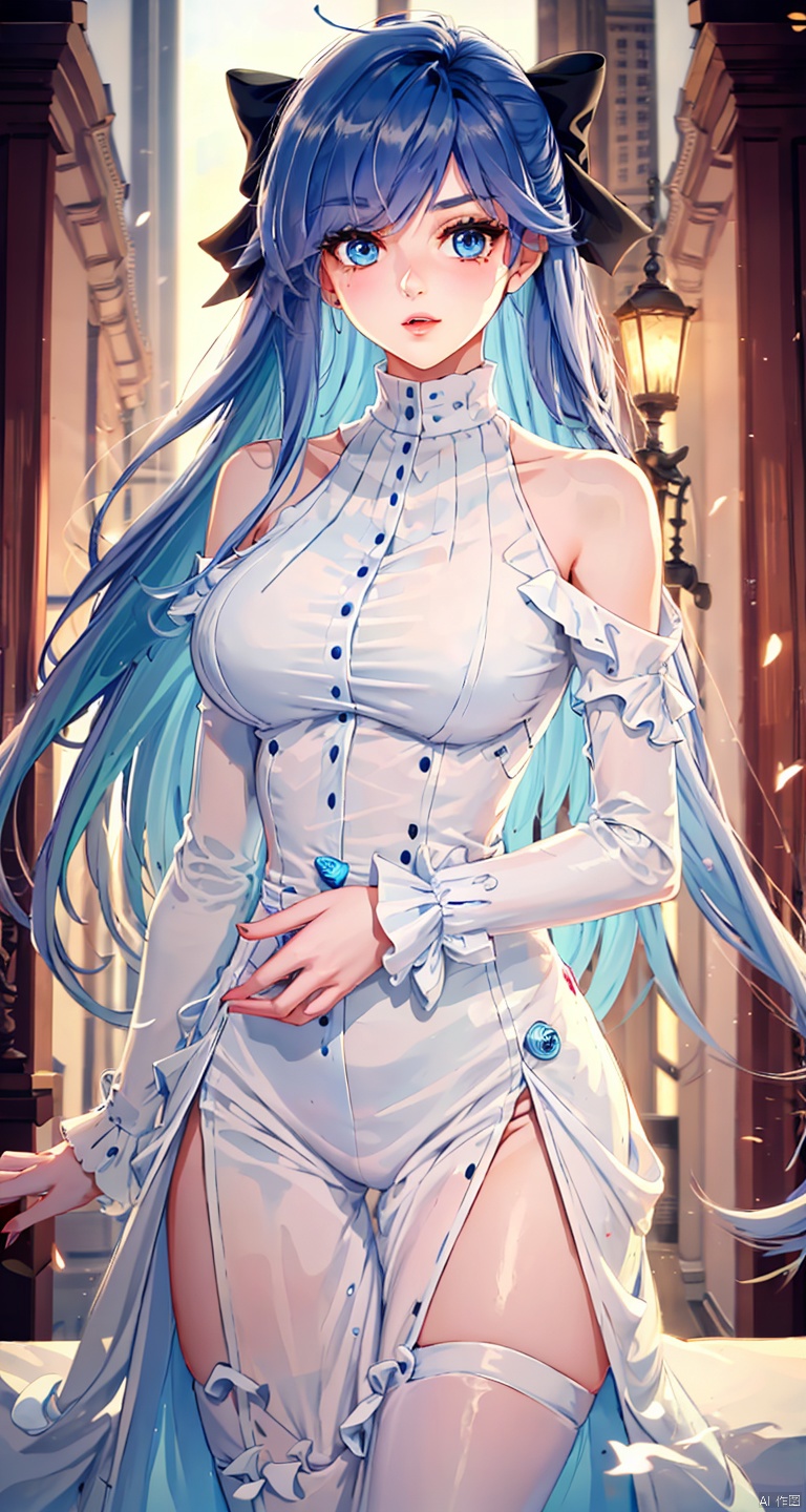 1girl, solo, long hair, breasts, looking at viewer, bangs, blue eyes, large breasts, long sleeves, dress, bow, bare shoulders, very long hair, blue hair, standing, hair bow, thighs, cowboy shot, parted lips, white dress,clothing cutout, buttons, blue bow, shoulder cutout