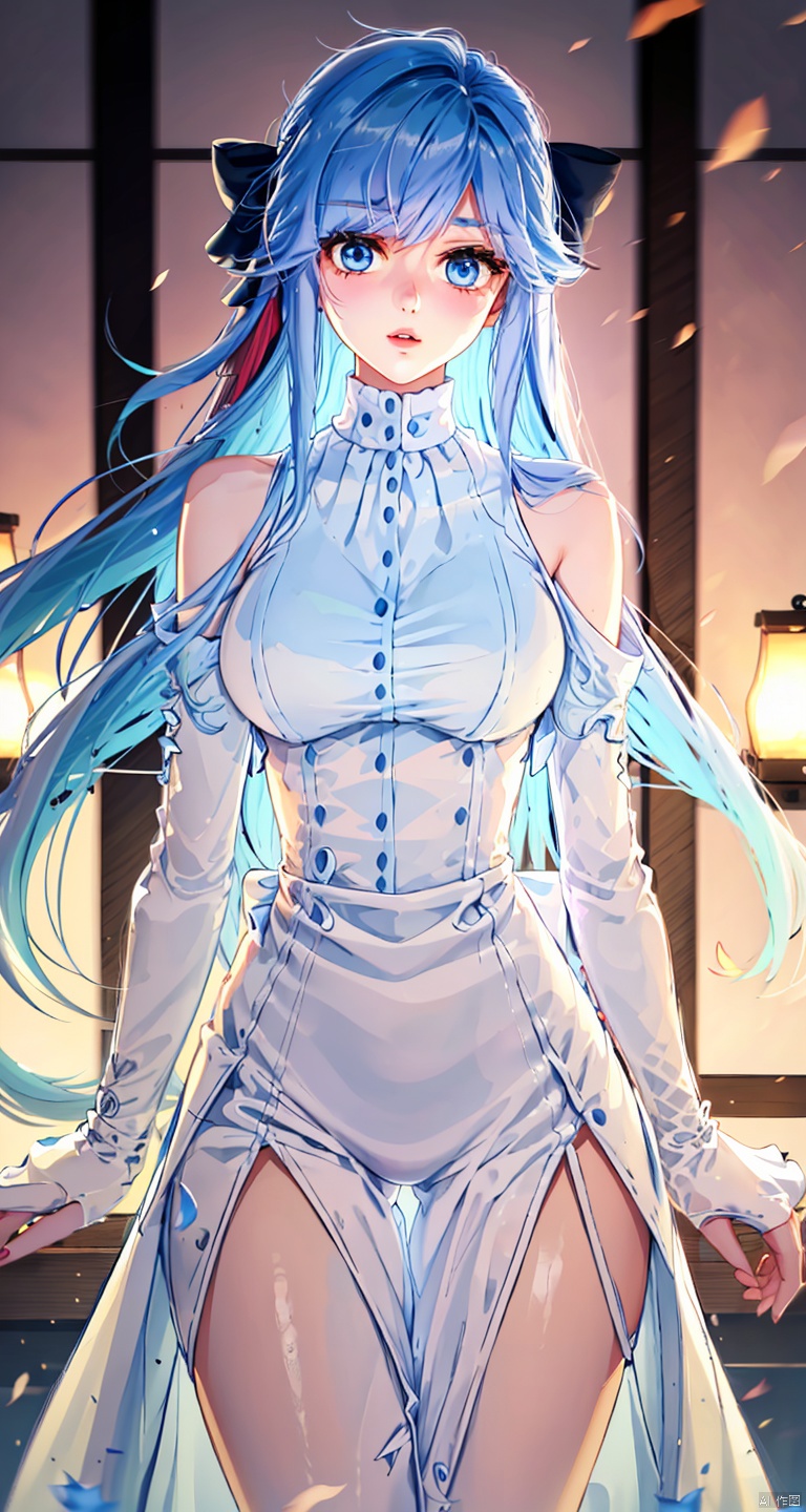 1girl, solo, long hair, breasts, looking at viewer, bangs, blue eyes, large breasts, long sleeves, dress, bow, bare shoulders, very long hair, blue hair, standing, hair bow, thighs, cowboy shot, parted lips, white dress,clothing cutout, buttons, blue bow, shoulder cutout