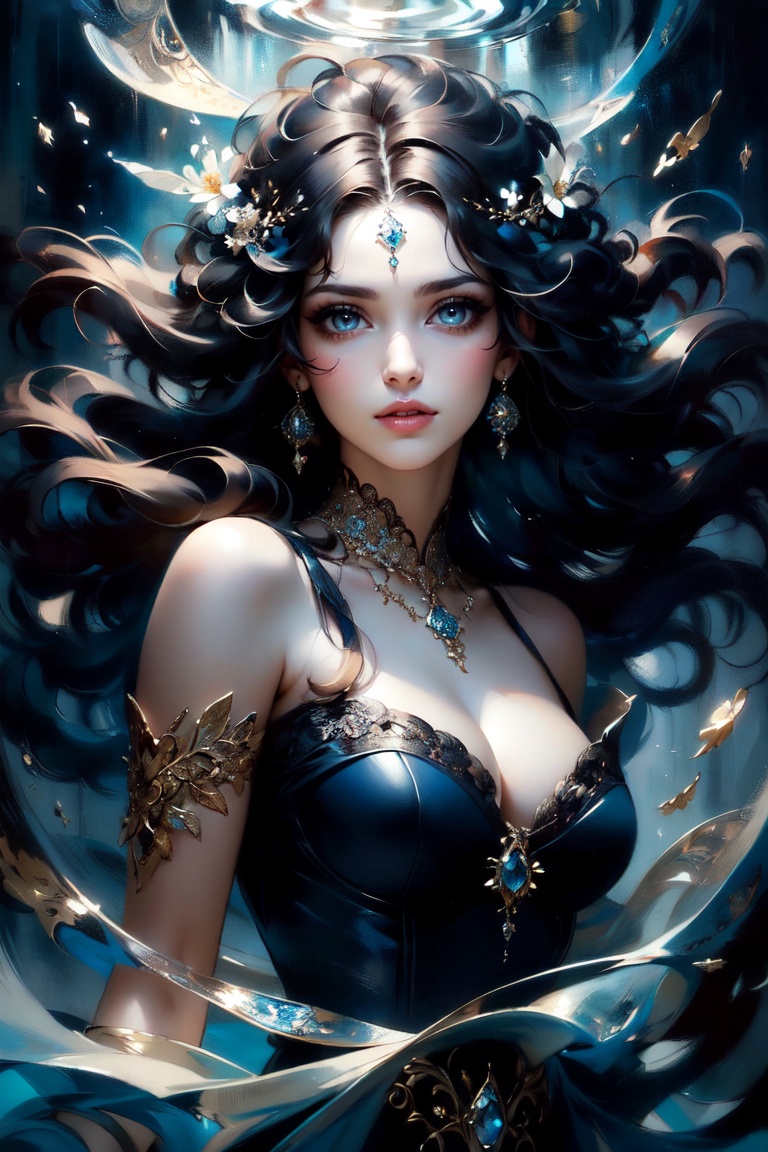(Waist Shot,  A mesmerizing piece of art captures the essence of Nachtmusik,  an enchanting woman. The image on Tensor.Art