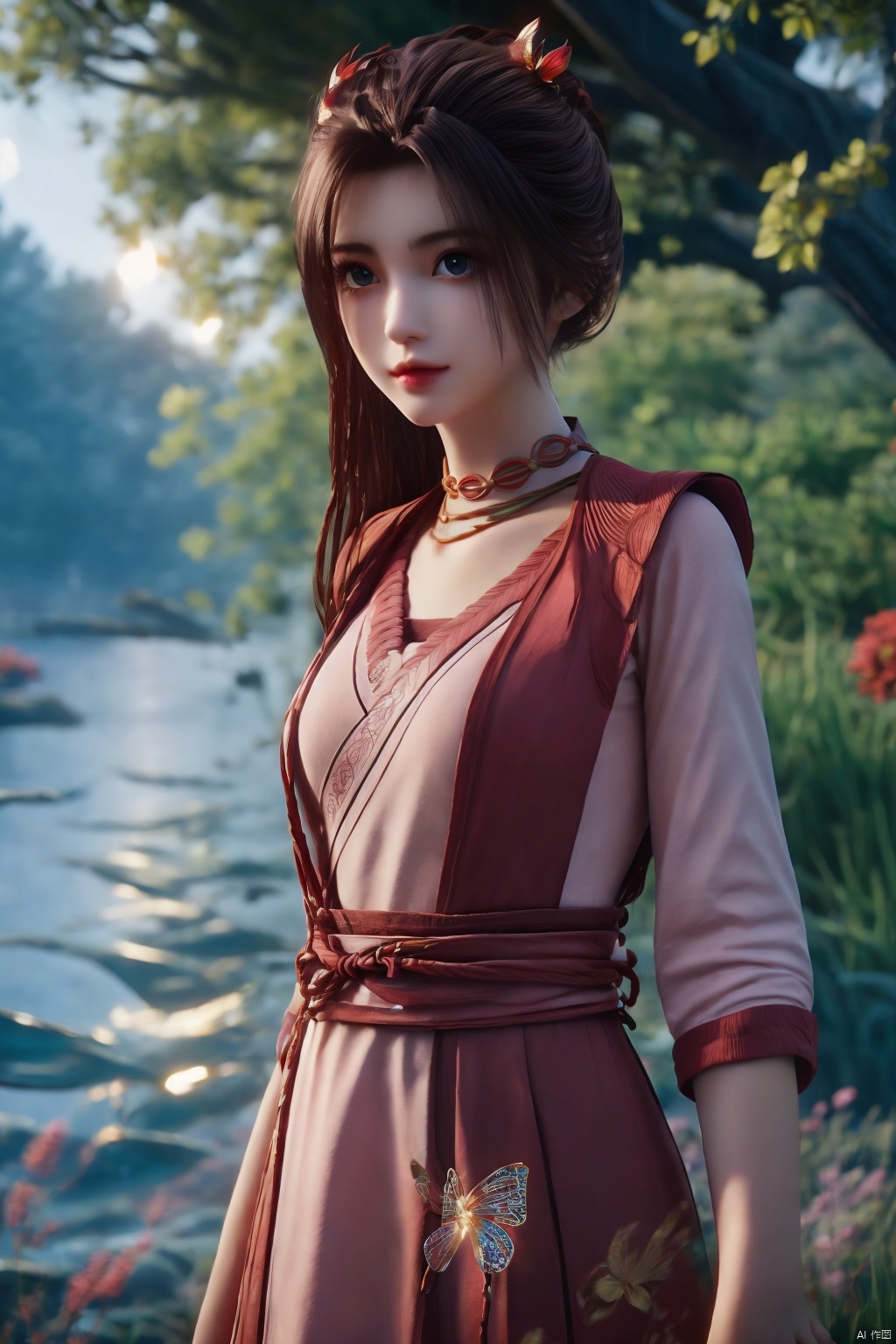  HDR, UHD, 8K, Highly detailed, best quality, masterpiece, 1girl, realistic, Highly detailed, (EOS R8, 50mm, F1.2, 8K, RAW photo:1.2), ultra realistic 8k cg,1 girl, solo focus,peafect body,Long hair,Messy hair,Bangs,hair between eyes,Sidelocks,Hair over shoulder,very long hair,shiny hair,floating hair,Bright eyes,big eyes,detailed eyes,beautiful eyes,hair ornament,hair flower,choker,frilled dress with lace,long dress,pleated dress,[loli],,outdoors,water,flower, in the ((sea of flowers)), flower field,meadow,beautiful detailed sky,feather,nature,(sunlight), skirt up,,moist skin, shiny skin, glossy skin, (best illumination, best shadow, extremely delicate and beautiful), perfect lighting, original, highres, dynamic angle, floating,depth of field, caustics,lens flare,warm lighting,(official art,beautiful and aesthetic:1.2),beautiful face, ultra detailed eyes, looking_at_viewer,kind smile,pose for picture,huolinger,, liuyifei, ((poakl)), Detail,wings,glint,glowing,((A butterfly)), , ZXH