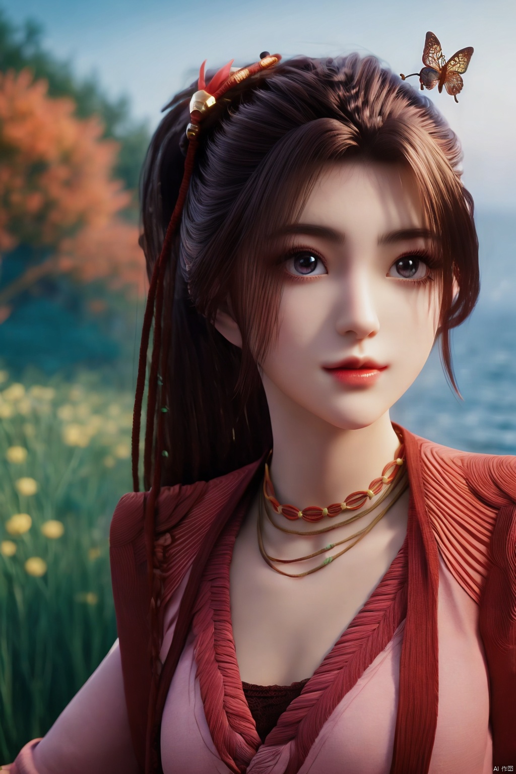  HDR, UHD, 8K, Highly detailed, best quality, masterpiece, 1girl, realistic, Highly detailed, (EOS R8, 50mm, F1.2, 8K, RAW photo:1.2), ultra realistic 8k cg,1 girl, solo focus,peafect body,Long hair,Messy hair,Bangs,hair between eyes,Sidelocks,Hair over shoulder,very long hair,shiny hair,floating hair,Bright eyes,big eyes,detailed eyes,beautiful eyes,hair ornament,hair flower,choker,frilled dress with lace,long dress,pleated dress,[loli],,outdoors,water,flower, in the ((sea of flowers)), flower field,meadow,beautiful detailed sky,feather,nature,(sunlight), skirt up,,moist skin, shiny skin, glossy skin, (best illumination, best shadow, extremely delicate and beautiful), perfect lighting, original, highres, dynamic angle, floating,depth of field, caustics,lens flare,warm lighting,(official art,beautiful and aesthetic:1.2),beautiful face, ultra detailed eyes, looking_at_viewer,kind smile,pose for picture,huolinger,, liuyifei, ((poakl)), Detail,wings,glint,glowing,((A butterfly)), , ZXH