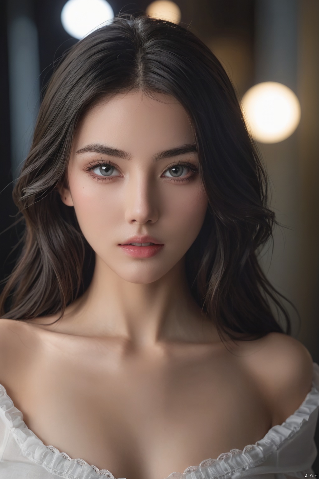 Ultra realistic 8k cg,picture-perfect face,flawless,clean,masterpiece,professional artwork,famous artwork,cinematic lighting,cinematic bloom,perfect face,beautiful face,beautiful eyes,((perfect female body,narrow waist)),black hair,seductive,erotic,enchanting,looking at viewer,Sony a7R IV camera, Meike 85mm F1.8 lens