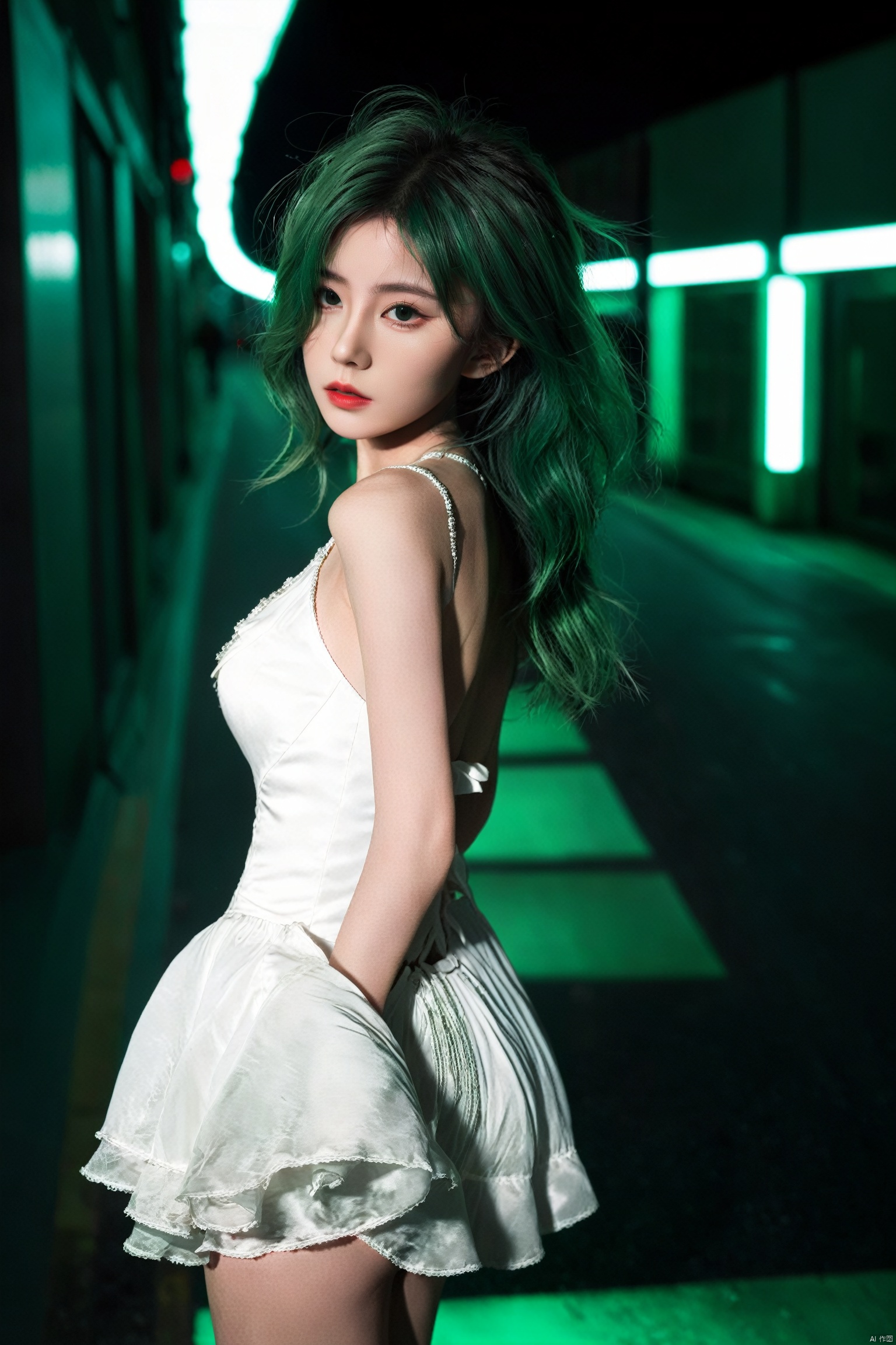 ultra wide field, ultra dynamic lighting amazing shadows, Deep photo,depth of field,shadows,
hubggirl, messy hair,dark,nighttime,dark photo,grainy,dimly lit,shot on RED camera,harsh camera flash, green hair,white_marble_glowing_skin,white backless_dress, hubg_jsnh