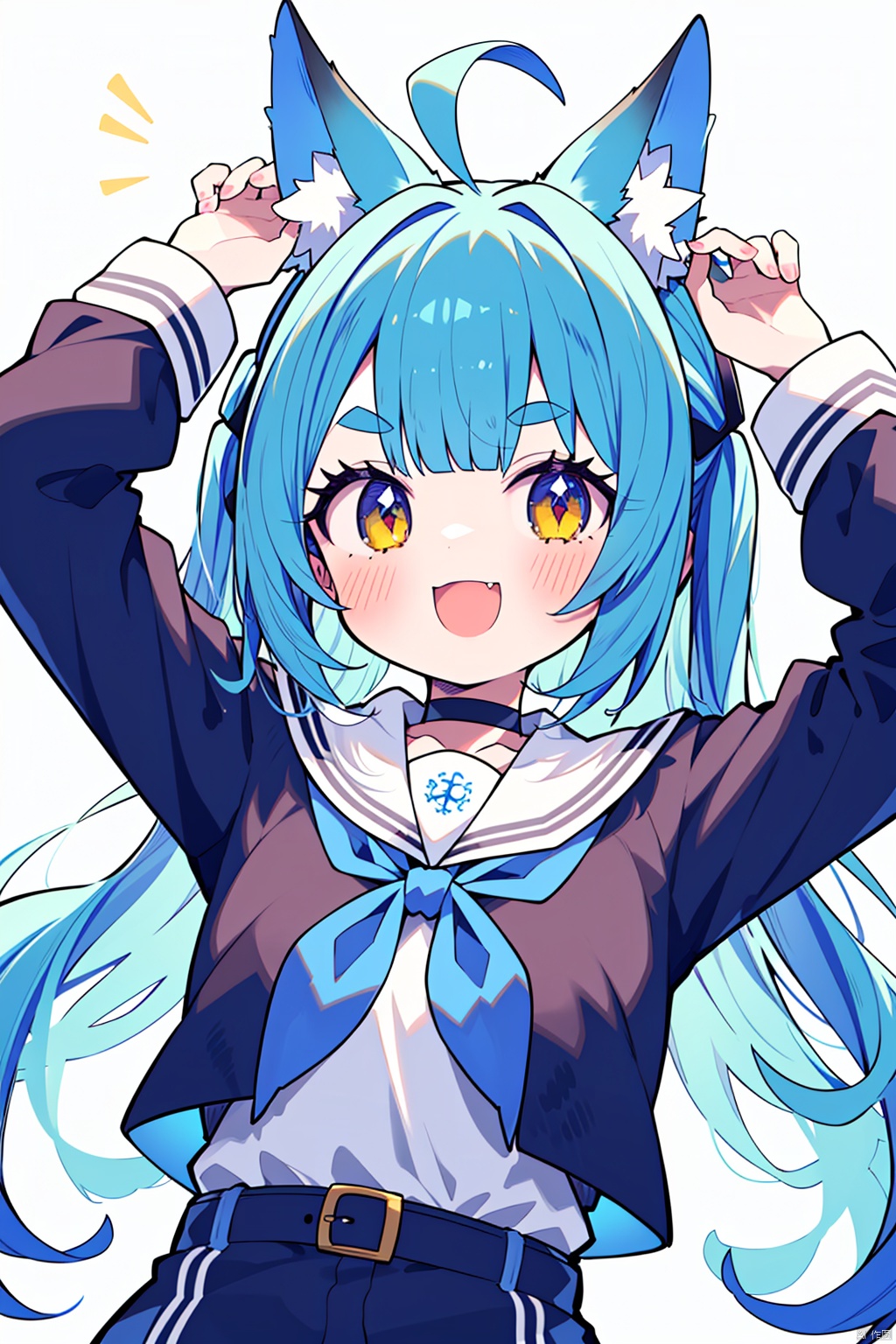 1girl, solo, usada pekora, virtual youtuber, smile, blue hair, long hair, looking at viewer, thick eyebrows, upper body, animal ears, bangs, white belt, blush, white choker, jacket, choker, rabbit ears, white background, open mouth, sailor collar, :d, two side up, open clothes, neckerchief, blue neckerchief, animal ear fluff, long sleeves, simple background, white sailor collar, arms up, bunching hair, shirt