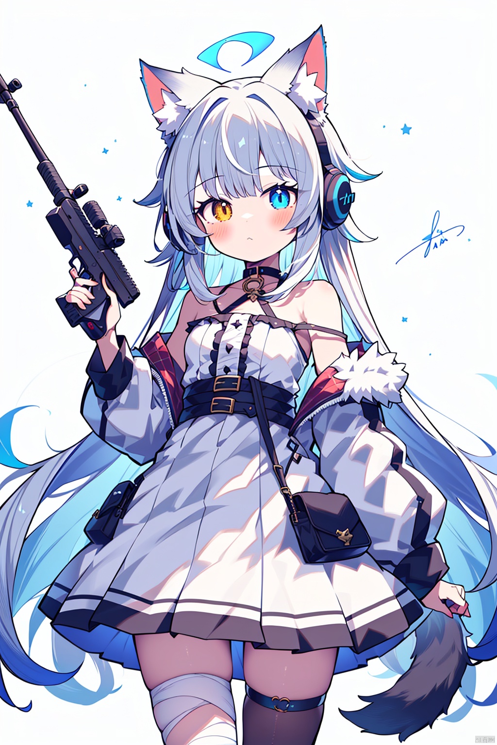 1girl, solo, dress, gun, weapon, bolt action, holding, animal ears, holding weapon, blue eyes, sniper rifle, white dress, animal ear fluff, strap slip, holding gun, colored eyelashes, heterochromia, rifle, long hair, cat ears, bandaged arm, headphones, collarbone, bare shoulders, very long hair, signature, white hair, pleated dress, small breasts, looking at viewer, bandages, sleeveless dress, artist name, frilled dress, breasts, frills, tail, cat tail, sleeveless, yellow eyes, fur trim, bangs, jacket, closed mouth, 