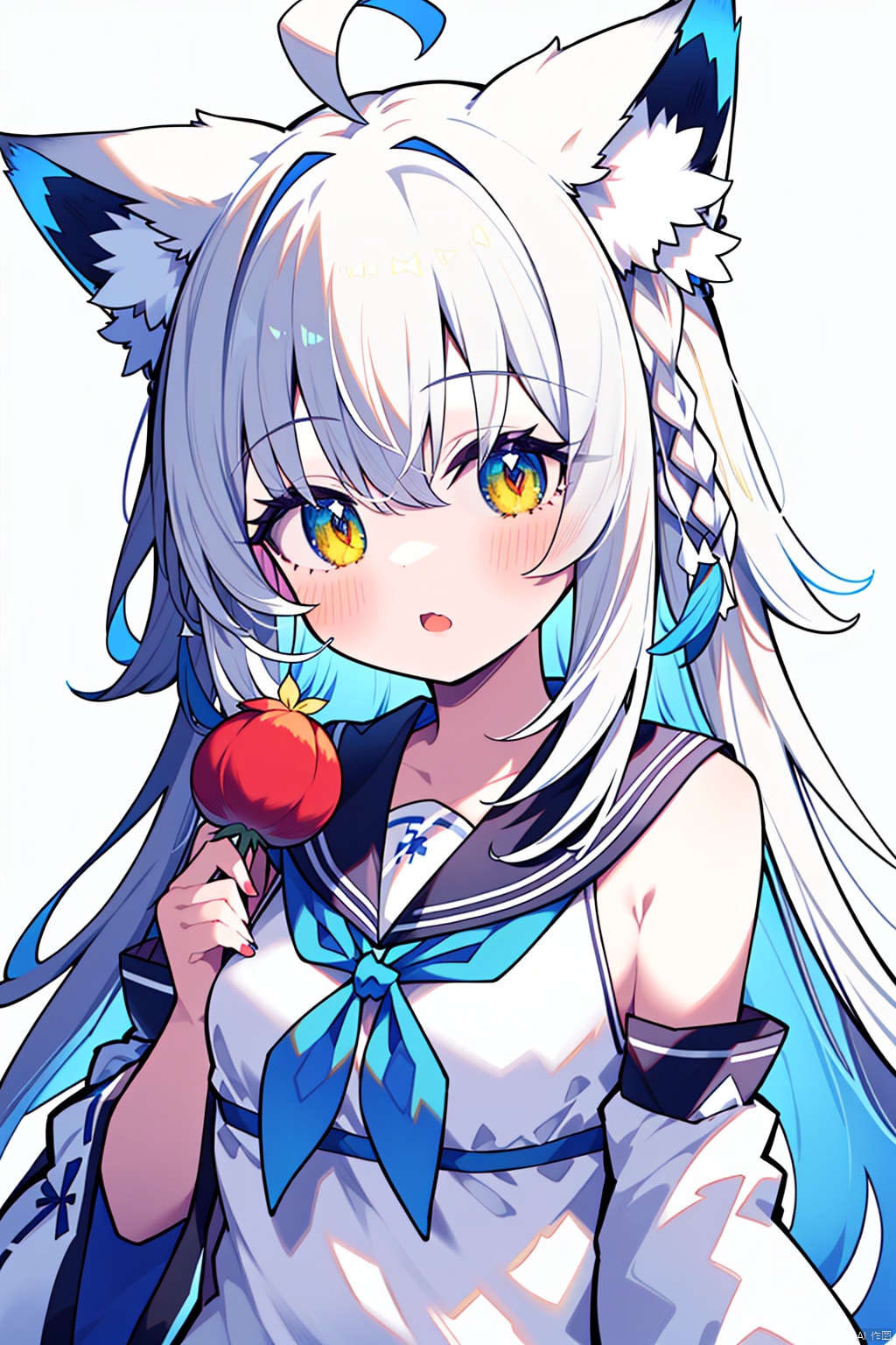 1girl, solo, animal ears, looking at viewer, shirakami fubuki, white hair, fox ears, virtual youtuber, ahoge, blush, long hair, breasts, animal ear fluff, bangs, open mouth, braid, hair between eyes, fox girl, white background, detached sleeves, blue neckerchief, simple background, holding, neckerchief, upper body