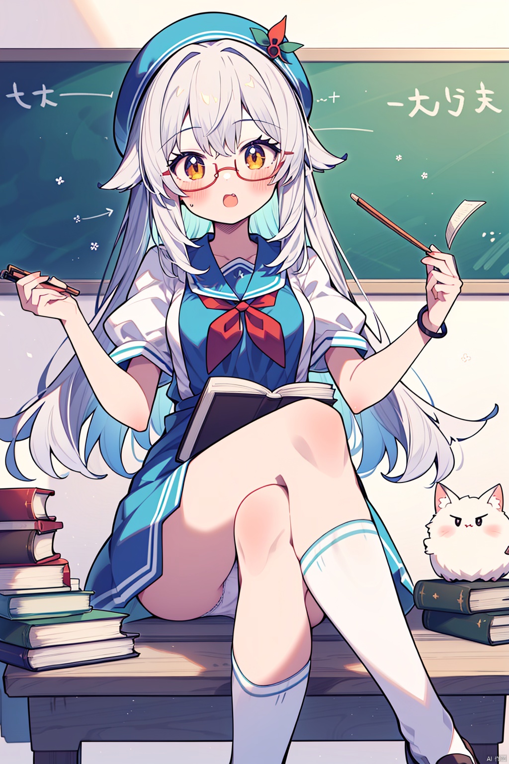 1girl, solo, kamishirasawa keine, book, holding, puffy short sleeves, long hair, puffy sleeves, short sleeves, crossed legs, socks, dress, glasses, sitting, breasts, hat, underwear, red neckerchief, holding book, panties, open mouth, looking at viewer, blue dress, neckerchief, bangs, chalkboard, white socks, white hair, scroll, teacher, medium breasts, brown eyes, semi-rimless eyewear, pinafore dress, sidelocks, bespectacled, pantyshot, open book, blue headwear, hair between eyes