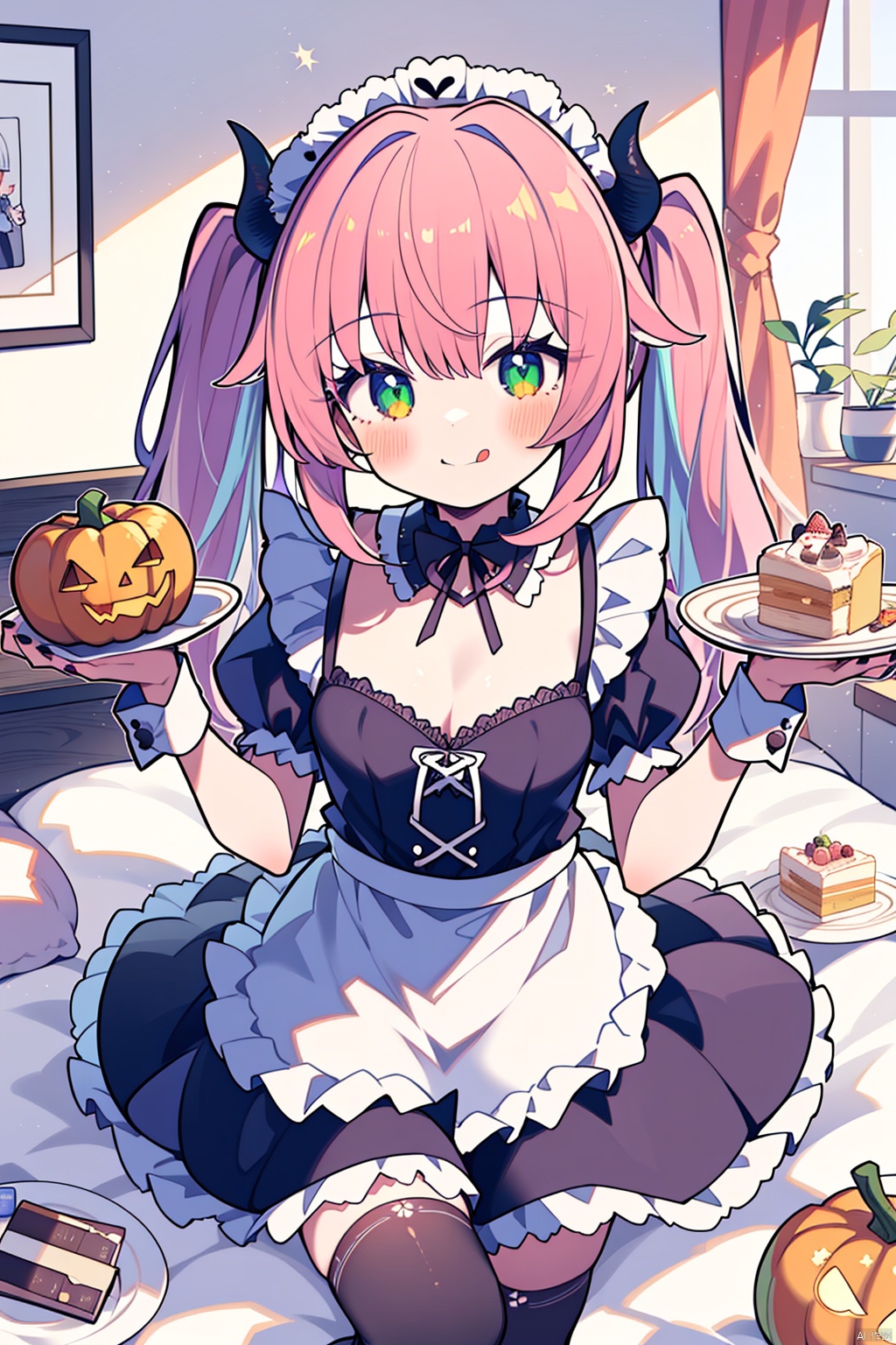 1girl, food, solo, breasts, dress, cleavage, black dress, thighhighs, tongue out, short sleeves, long hair, puffy short sleeves, heart, tongue, frills, green eyes, pillow, frilled apron, puffy sleeves, wrist cuffs, nail polish, smile, head wings, holding, frilled dress, medium breasts, apron, bangs, :q, horns, maid headdress, white apron, single thighhigh, maid, jack-o'-lantern, cake, looking at viewer, pink hair, twitter username, black thighhighs, blush, hair between eyes, frilled pillow, closed mouth, candy, red hair, on bed, twintails, indoors, halloween, plate, two side up, hands up, 