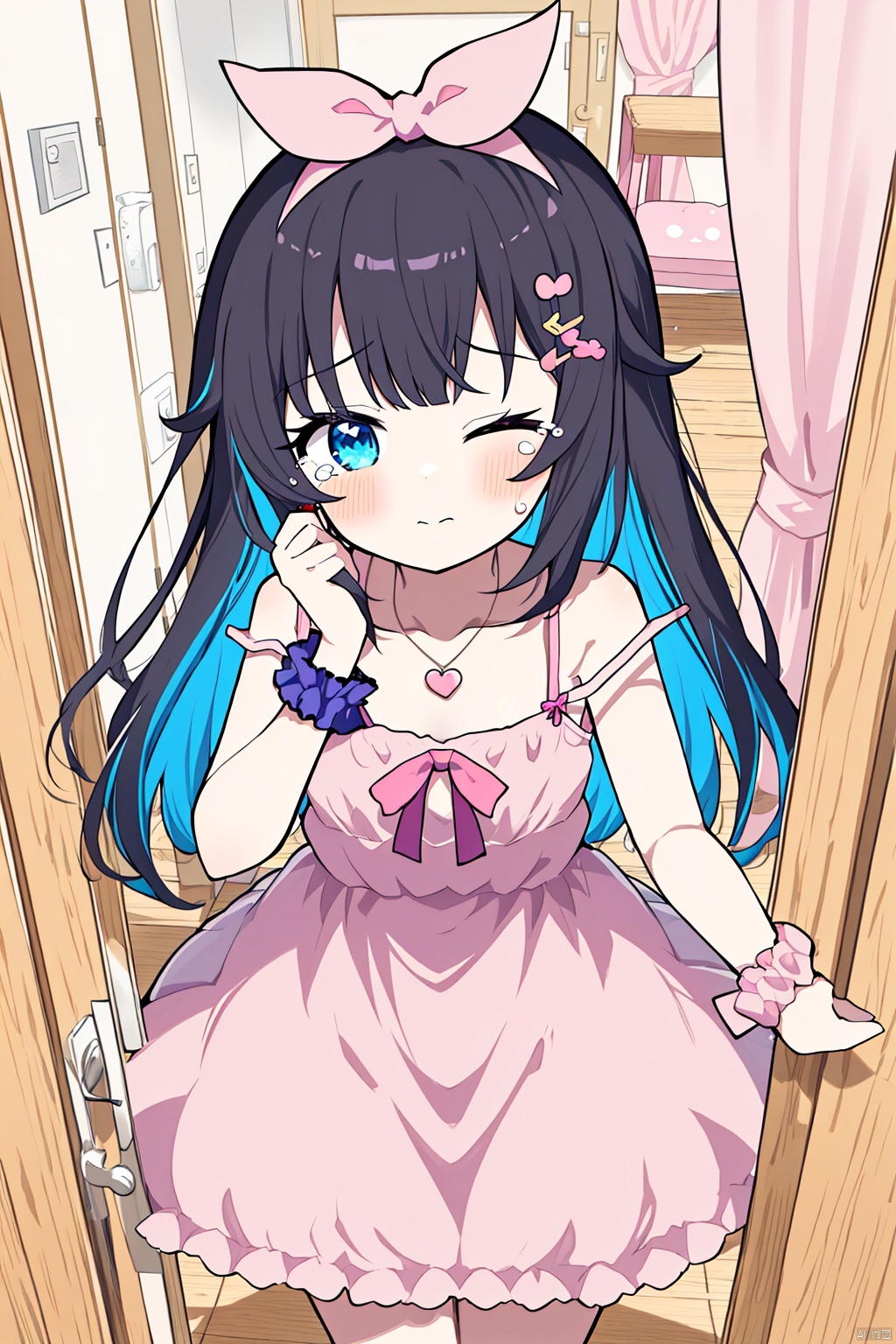 1girl, cat, blue eyes, rubbing eyes, dress, virtual youtuber, one eye closed, scrunchie, strap slip, solo, long hair, wrist scrunchie, indoors, bangs, doorway, multicolored hair, collarbone, heart, hair ornament, looking at viewer, jewelry, hairclip, bare shoulders, sleeveless dress, necklace, closed mouth, door, two-tone hair, brown hair, pink bow, hand up, pink dress, frilled dress, sleeveless, frills, bow, pink hair, wooden floor, hair bow, black hair, open door, wiping tears, colored inner hair, heart necklace, tissue box, pink ribbon, curtains