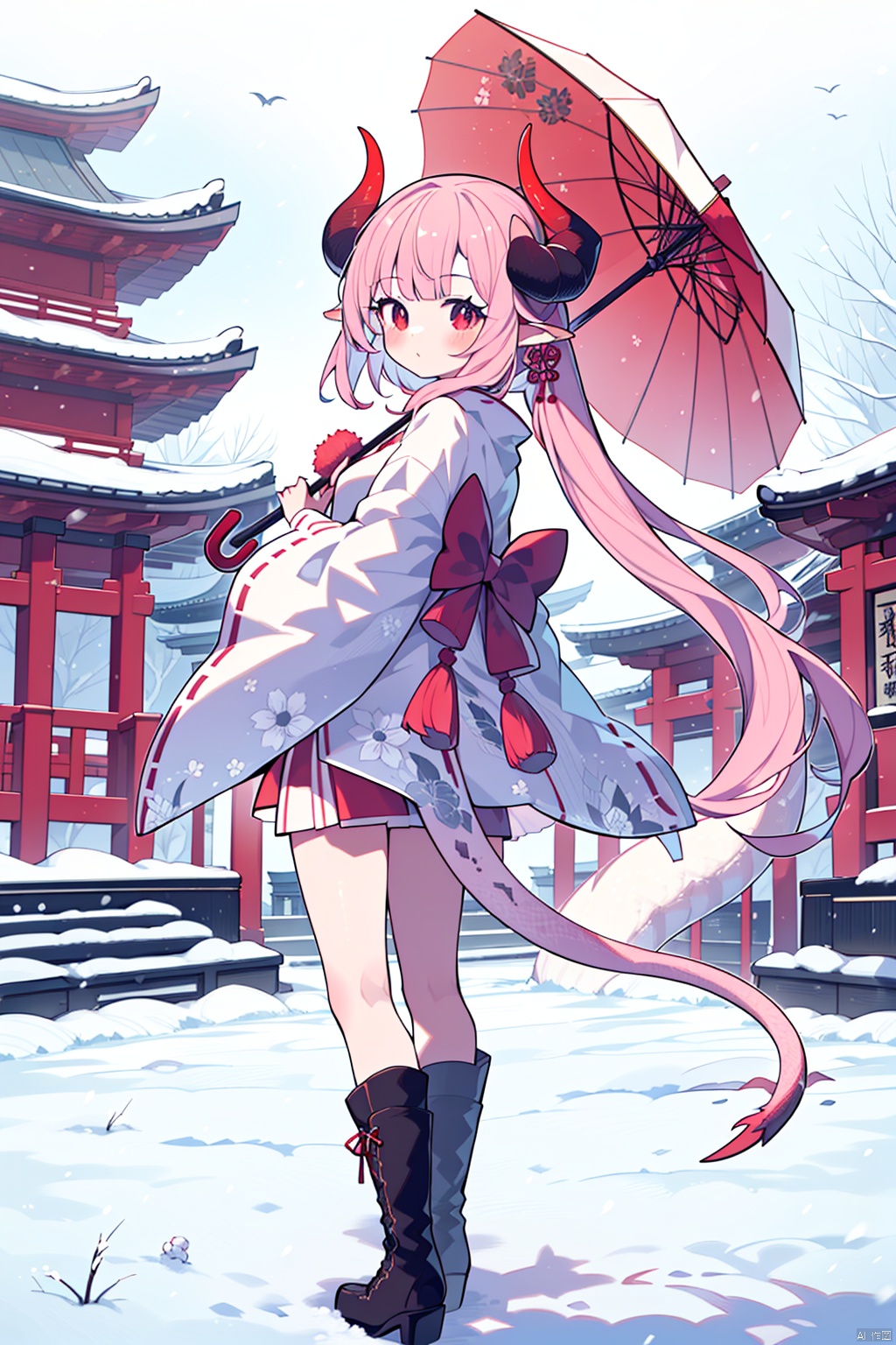  (best quality), (masterpiece),1girl, dragon tail, solo, umbrella, pink hair, tail, long hair, horns, looking at viewer, dragon girl, dragon horns, snow, red eyes, architecture, japanese clothes, east asian architecture, boots, looking back
