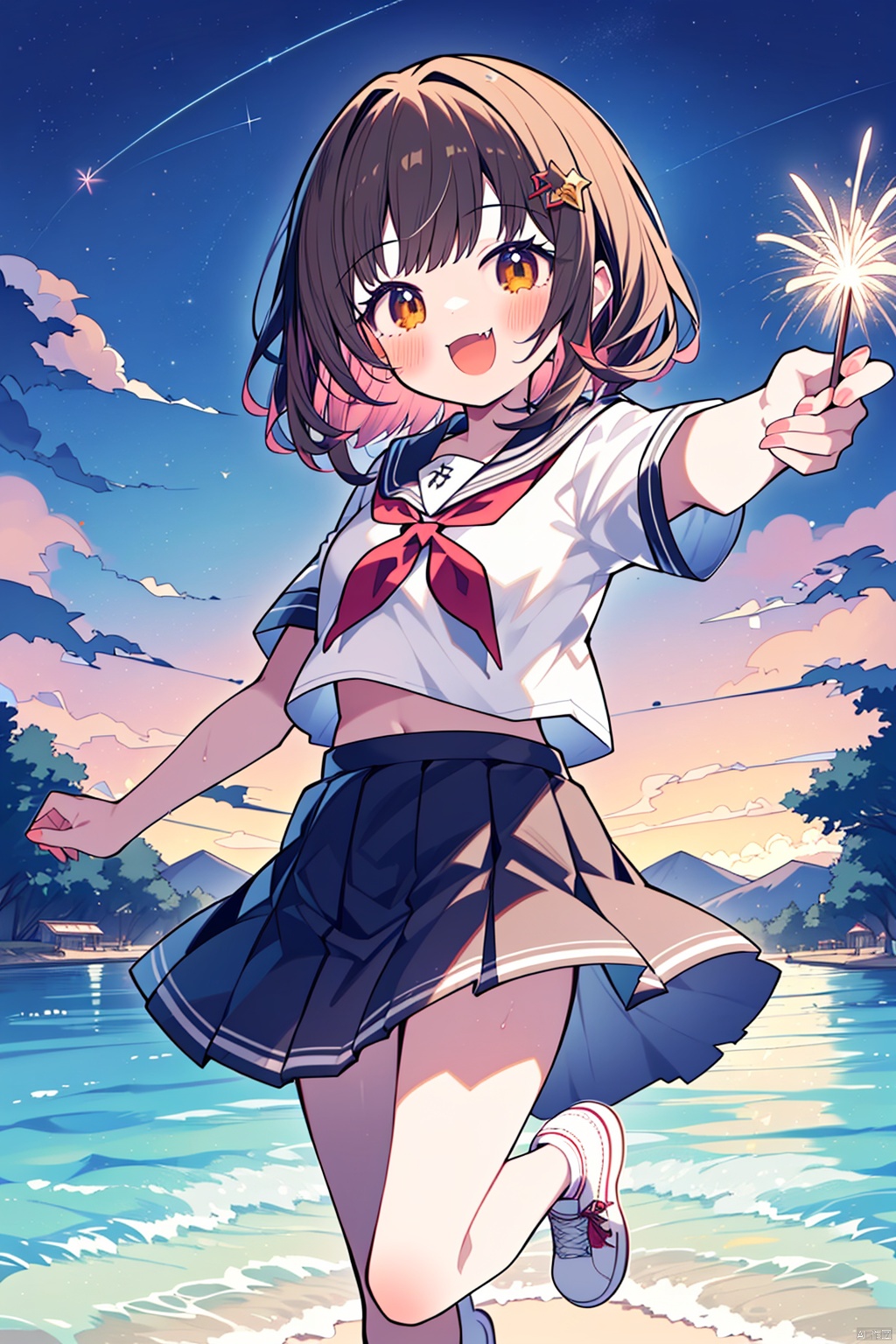 1girl, solo, sparkler, fireworks, skirt, open mouth, serafuku, school uniform, neckerchief, shirt, short sleeves, pleated skirt, white shirt, brown hair, outdoors, sky, looking at viewer, fangs, white footwear, sailor collar, brown eyes, red neckerchief, blush, standing, smile, sunset, shoes, bangs, :d, arm up, black skirt, cloud, hair ornament, holding, standing on one leg, star \(sky\), outstretched arm, water, black sailor collar, starry sky, uwabaki