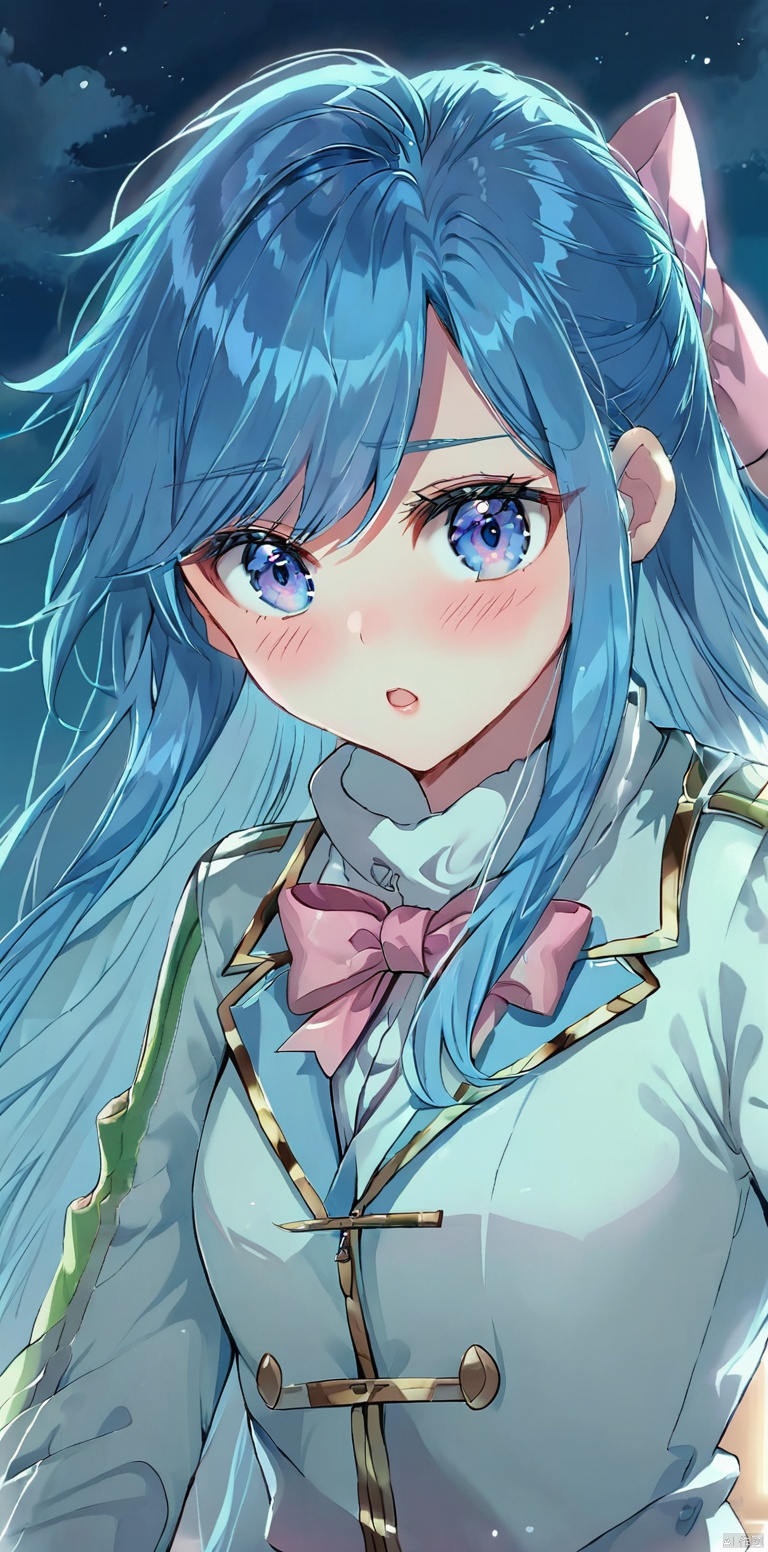 1girl, solo, long hair, looking at viewer, blush, open mouth, bangs, blue eyes, bow, blue hair, jacket, , hair bow, sky, night, white jacket, pink bow