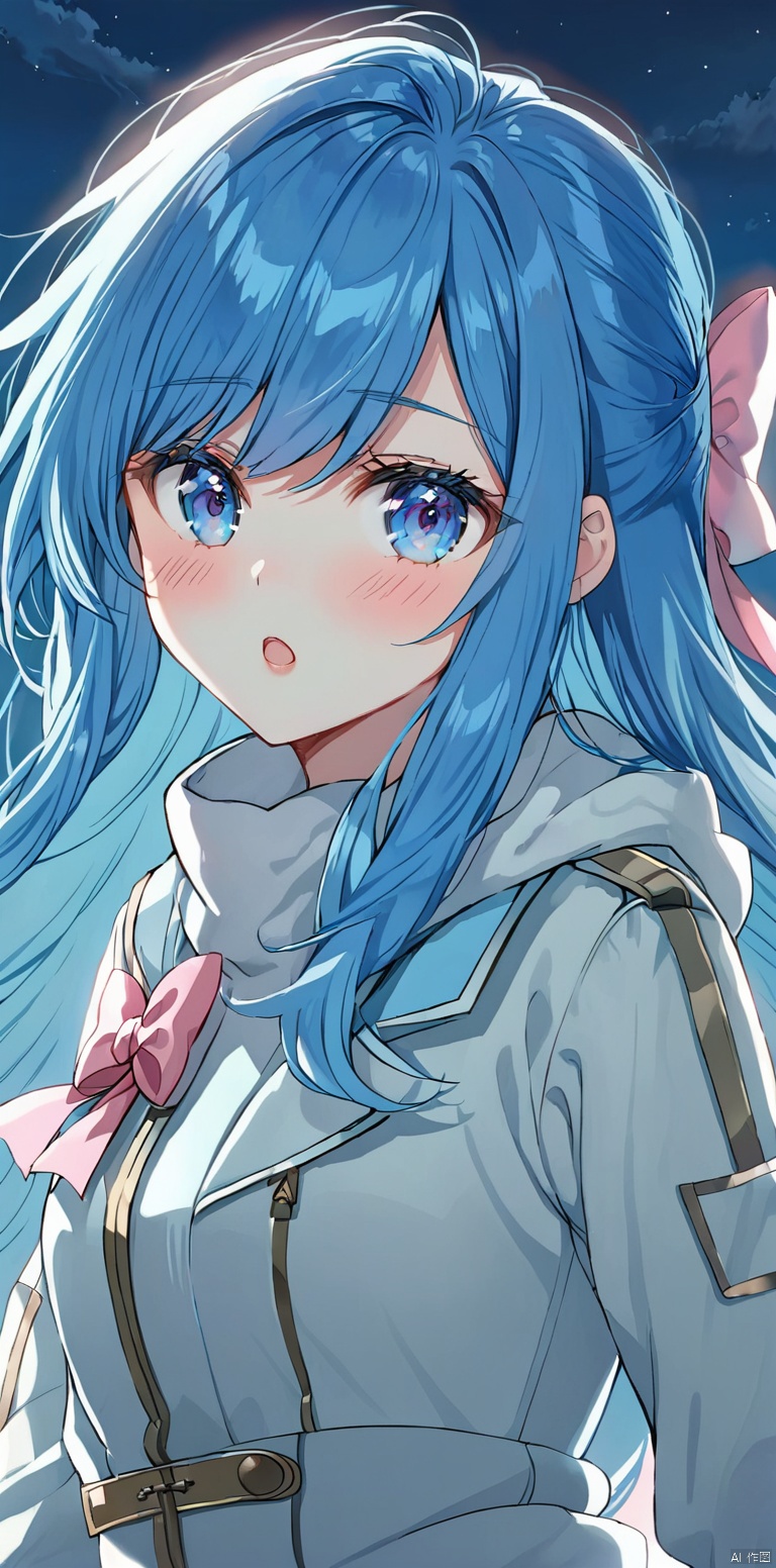  1girl, solo, long hair, looking at viewer, blush, open mouth, bangs, blue eyes, bow, blue hair, jacket, , hair bow, sky, night, white jacket, pink bow